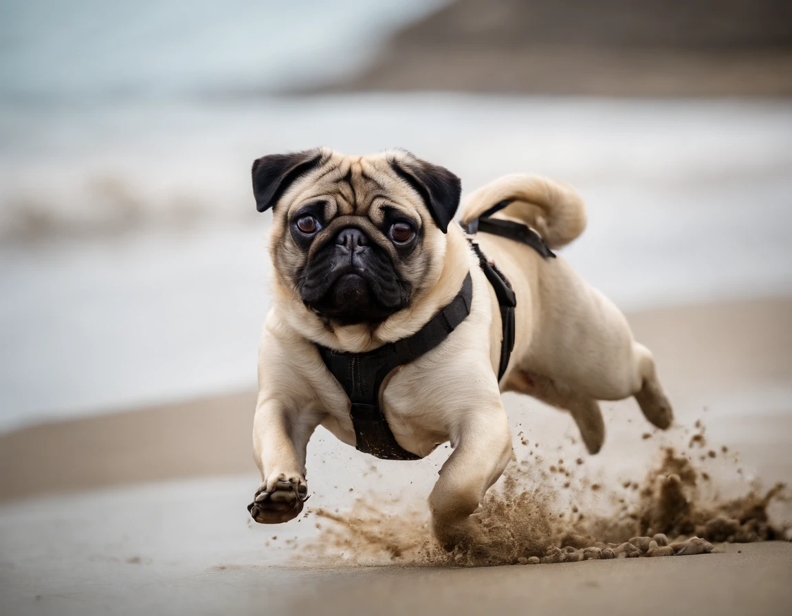 Pug dog running on the beach