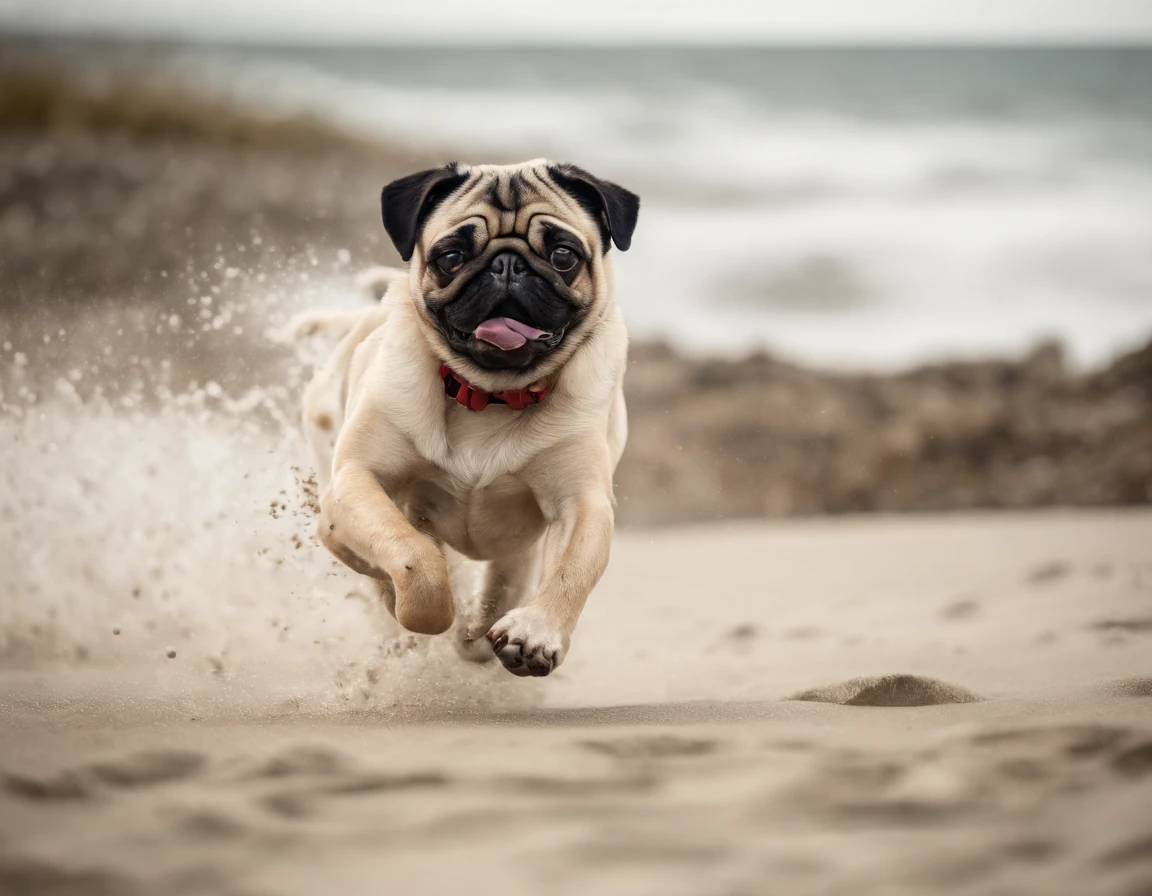 Pug dog running on the beach