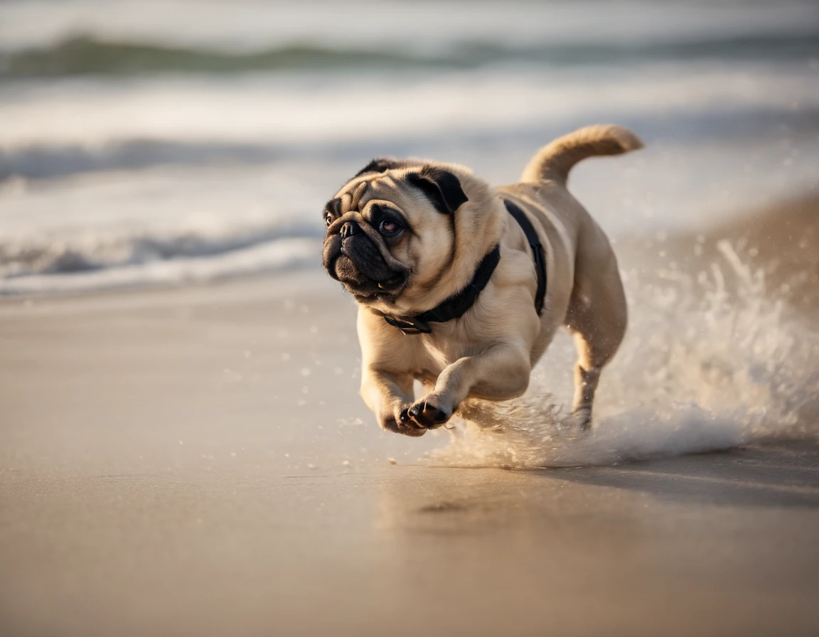 Pug dog running on the beach