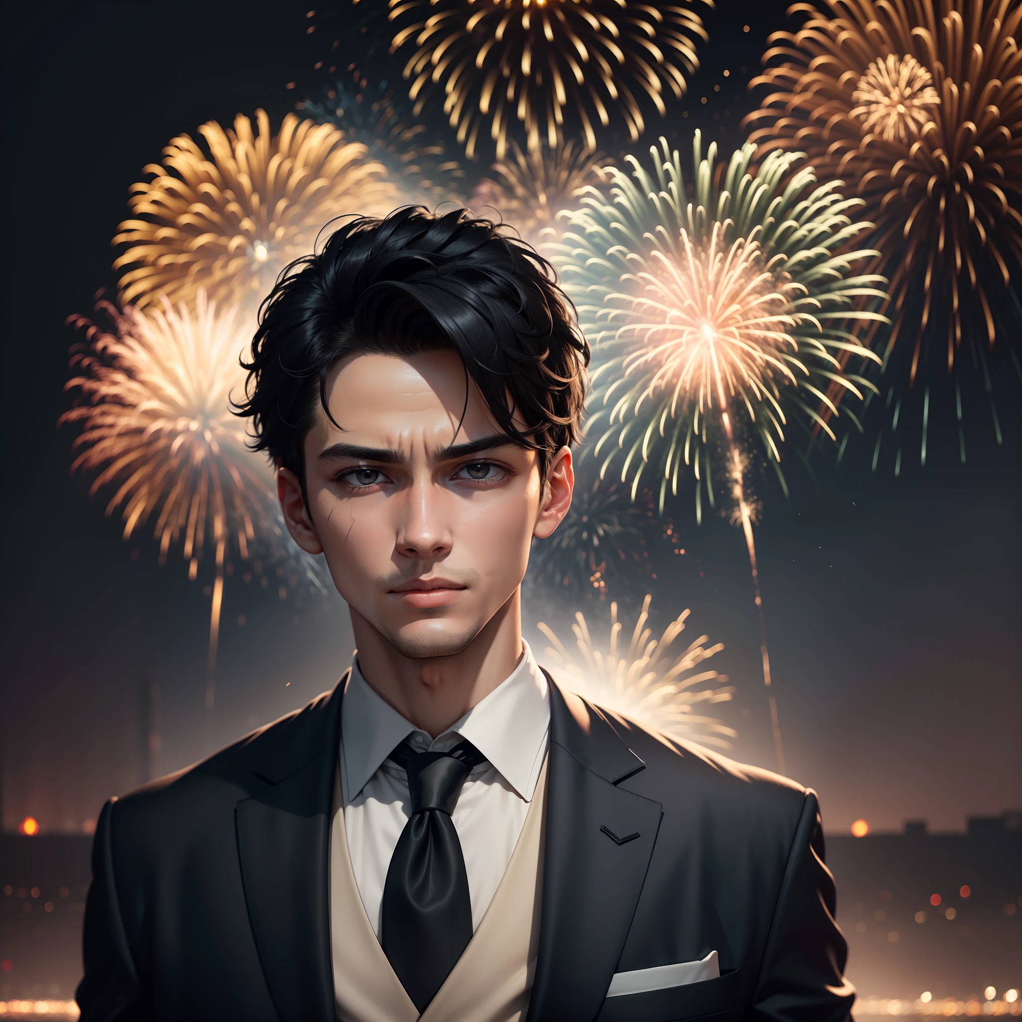 Night, Pitch black, A handsome boy, White suit, Energy flow, Black eyes, The face is super delicate, Short black hair, The face is super delicate, Highly realistic, 4K, Chiaroscuro, Super high detail,Fireworks explode in the sky , The fireworks are huge,Spectacular fireworks display.