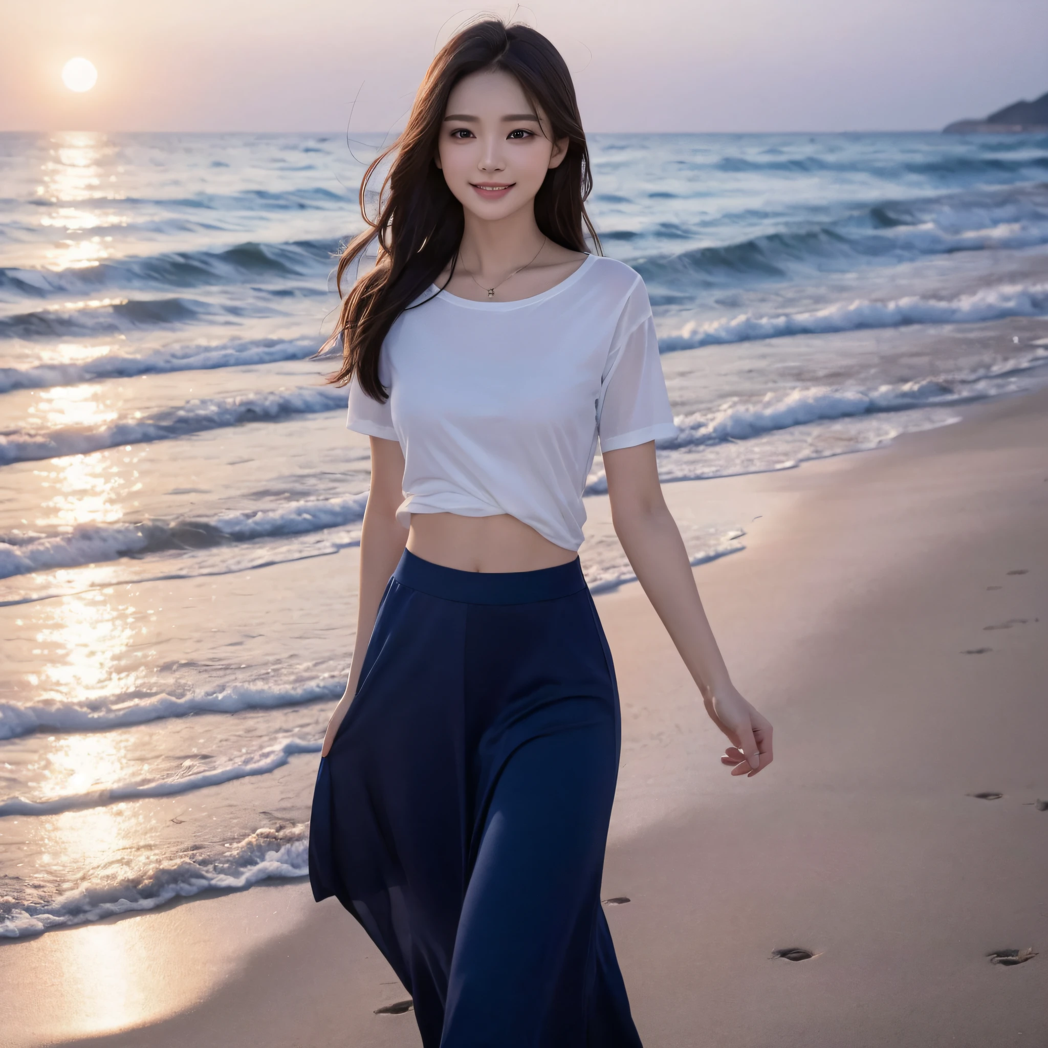 One lady、((best qualtiy、8k masterpieces:1.3))、foco nítido:1.2、(ultra beautiful faces:1.0)、(shinny skin:1.0)、photos realistic、A dark-haired、Video Lighting、High-definition eyes and face、Video Lighting、(Korean Cute Actress)、from the front side、medium breasts、Smile、Slender Abs Beauty、Whole body、wearing t-shirts、On the beach at night