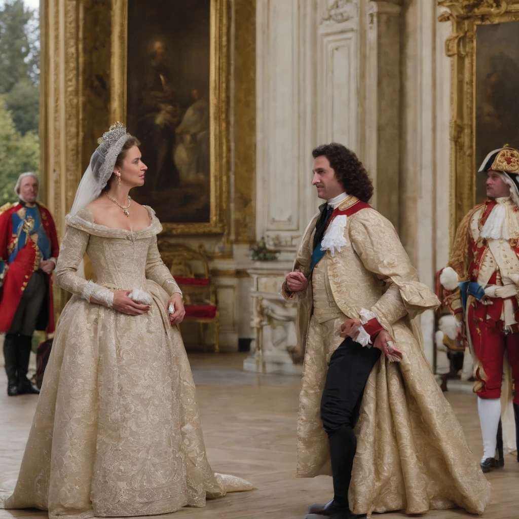 Generate an image that portrays the arrival of king louis xiv and distinguished guests at Vaux-le-Vicomte, showcasing their extravagant carriages and glamorous attire.