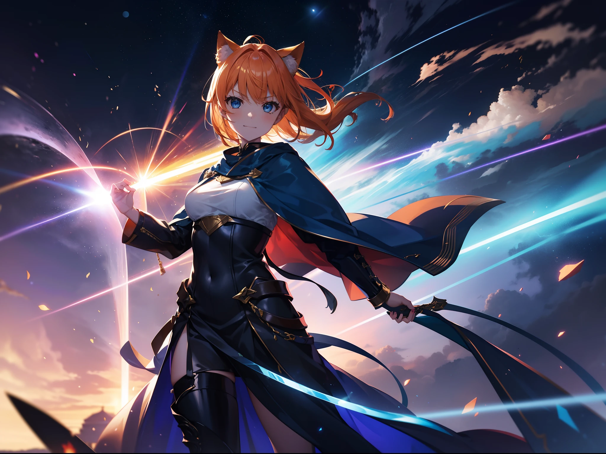 Empty eyes,Face Focus, sanpaku, angry, A smile, Provocative,Mouth half open,Smile,smiling mischievously, A look that came up with a bad thing,Cat's ears,Her hair is orange、Short hairstyle, ,Her skin is pale, Swirling rainbows and lights on complex background、It enveloped me like a serpent in an interstellar wind,With two magic swords,Blue Lightning Sword and Flaming Sword Dual Wave,dual-wielding,Unleash the Blade of Light,She smiles mischievously, Highest Quality, Carry a blue cloak with war maiden decorations,Raise the railgun, ((sanpaku))((Proud)), 8 Blue Light Sword,Blade of Light,Lens Flare, Big rainbow,The moon shines,Star chips, bloom, ((light glow)), chromatic abberation], Digital Painting, Insane details, Intricate details, Beautifully color graded, Unreal Engine, Cinematic , colour grading, Editorial Photography , Photography, Photo Shot, Shot on 70mm lens, depth of fields, degrees of freedom, Tilt Blur, Shutter Speed 1/1000, h/22