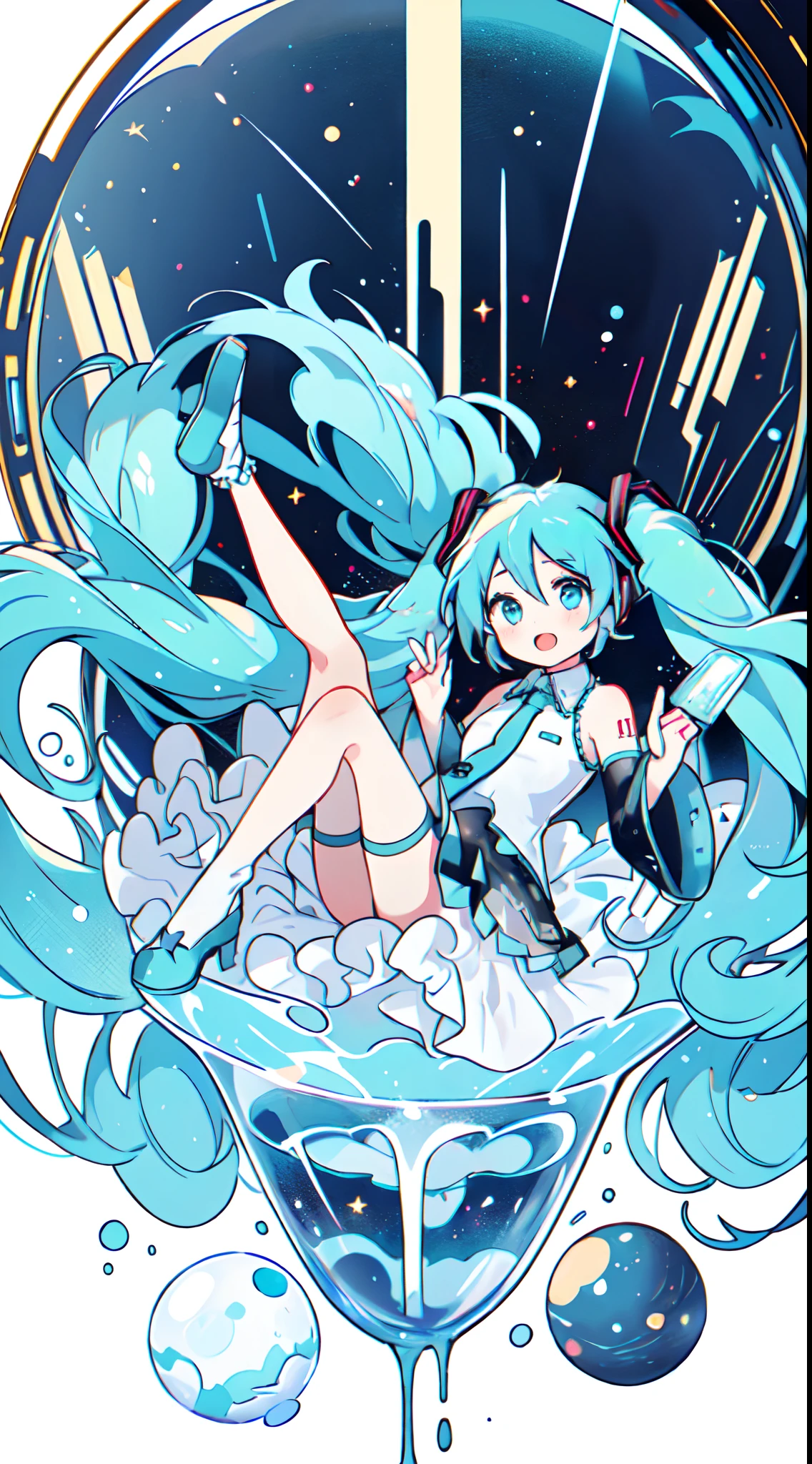 (top-quality、​masterpiece:1.2)、
1girl in、(((miku hatsune:1.3))), (ultra-detailliert), (illustratio), (Detail light), (extremely delicate and beautiful), girl with, cute  face, ((full body Esbian、Floating images:1.2)) Two-legged, Longer dress, (Beautiful eyes), Stars in the eyes, messy floating hair, Colored inner hair, Starry sky adorns hair, (Lots_In the_Big_Colorful_Bubble), pearls, (intergalactic:1.6), depth of fields,
mocha