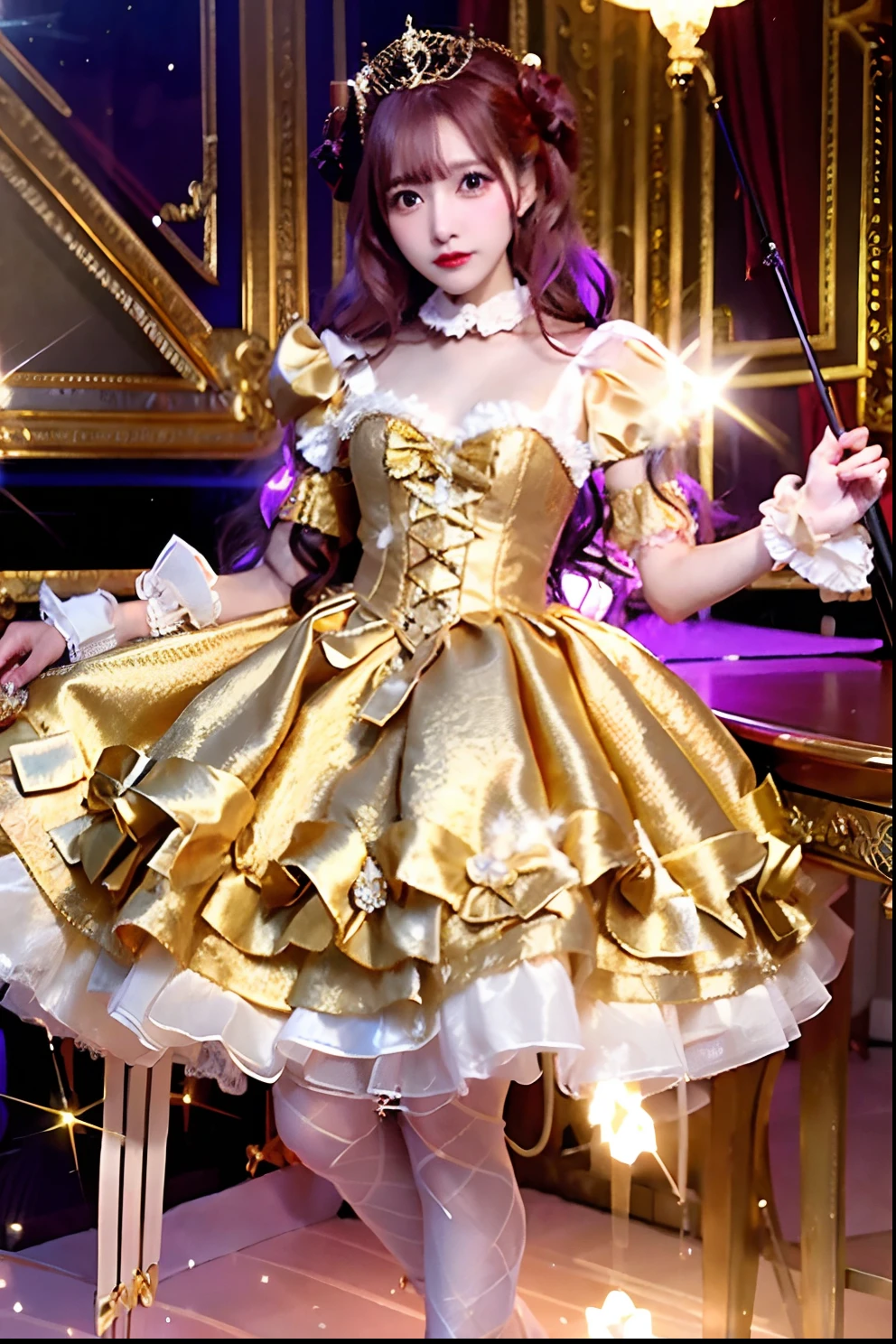 Gold satin dress with cane and crown alafe, fantasy dress, magical dress, dreamy style, very magical and dreamy, ****ta Fashion, ethereal fairy tale, fairycore, fantasy outfit, wearing fantasy formal clothing, angelic pretty, dreamy and detailed, ****ta style, fantasy style clothing, rococo dress, Fantasy aesthetics!, romantic dress