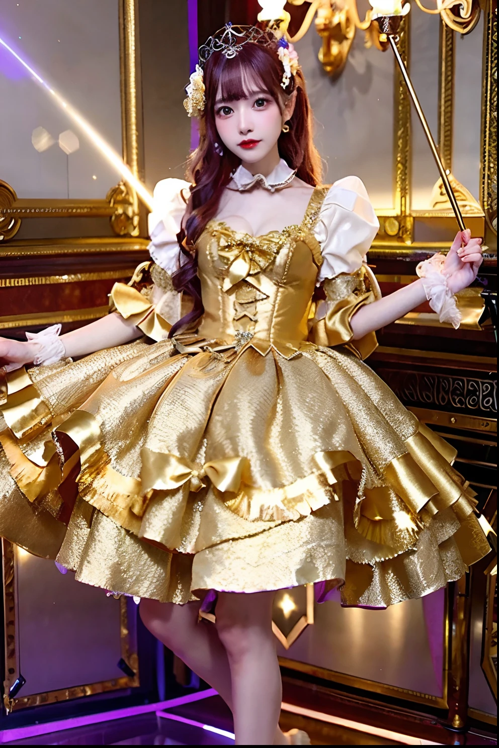 Gold satin dress with cane and crown alafe, fantasy dress, magical dress, dreamy style, very magical and dreamy, Lolita Fashion, ethereal fairy tale, fairycore, fantasy outfit, wearing fantasy formal clothing, angelic pretty, dreamy and detailed, Lolita style, fantasy style clothing, rococo dress, Fantasy aesthetics!, romantic dress
