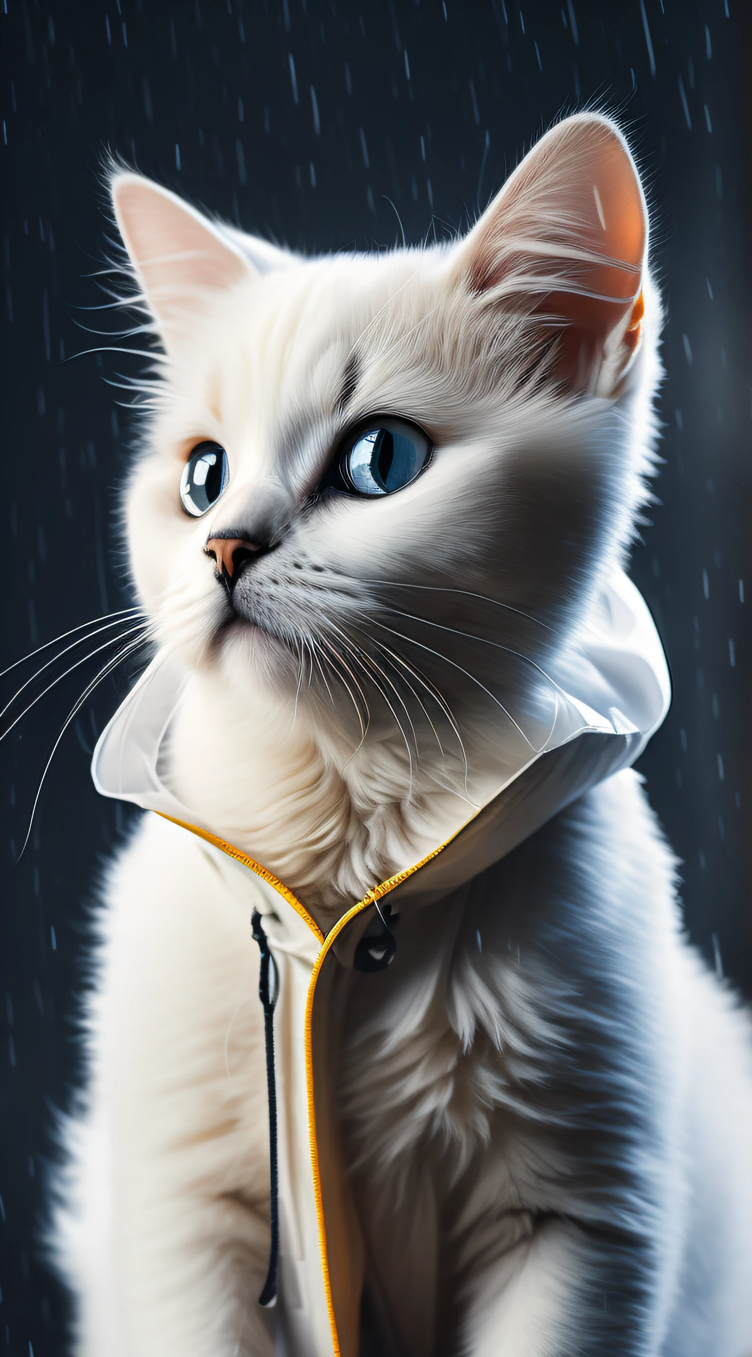 White colored cat puppy wearing raincoat, stormy weather, with cinematic lighting and ultra realistic details, realistic photo, cinematic photography, incredibly detailed, film lighting