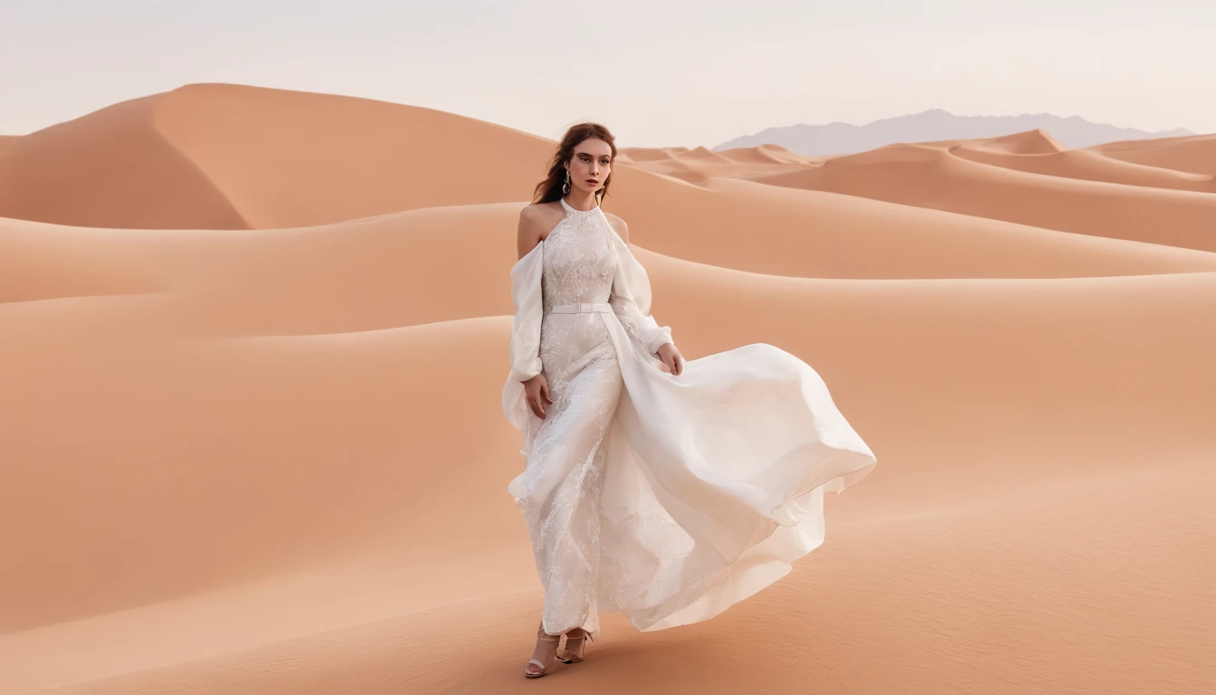 In the desert oasis, there is a beautiful woman carrying a wedding dress