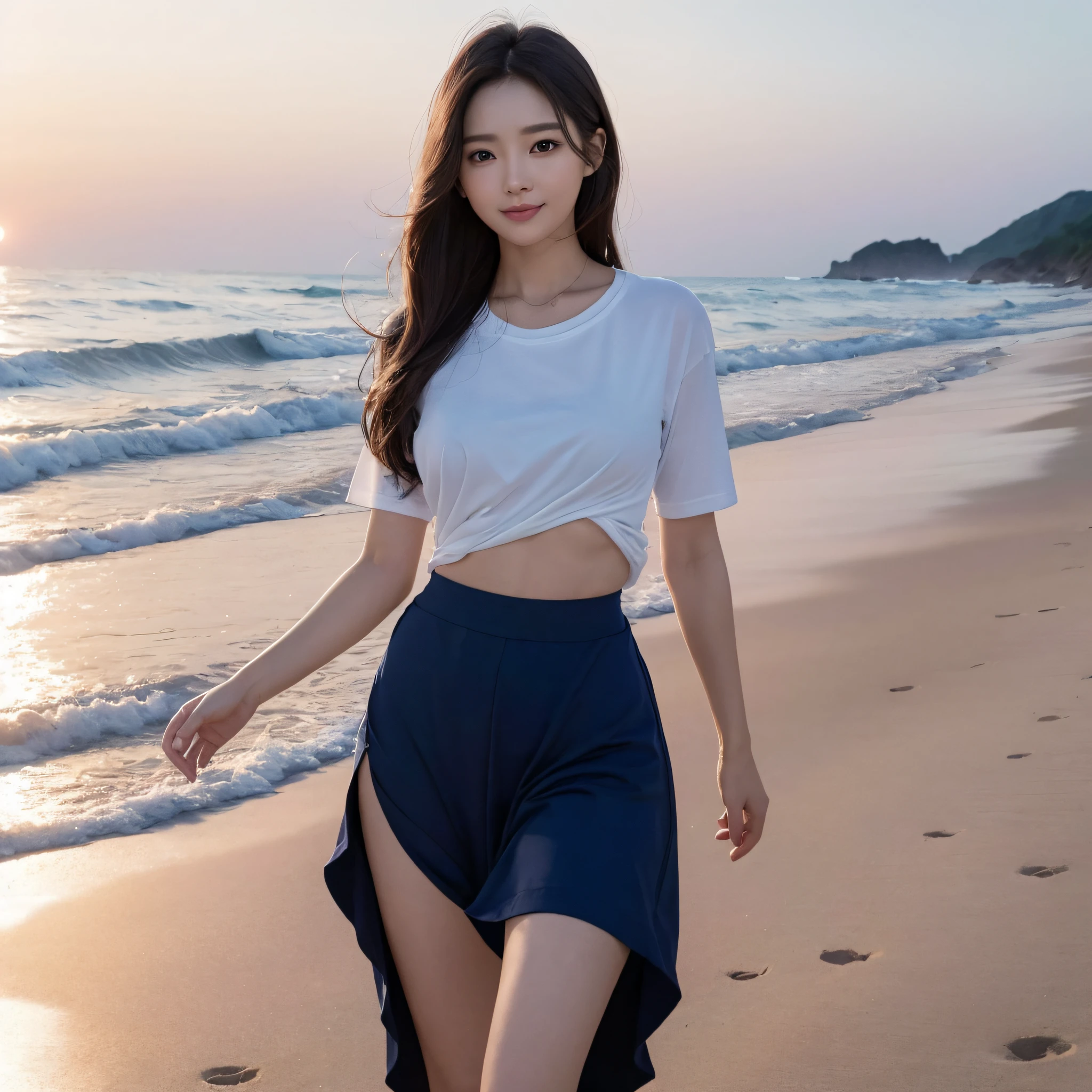 One lady、((best qualtiy、8k masterpieces:1.3))、foco nítido:1.2、(ultra beautiful faces:1.0)、(shinny skin:1.0)、photos realistic、A dark-haired、Video Lighting、High-definition eyes and face、Video Lighting、(Korean Cute Actress)、from the front side、medium breasts、Smile、Slender Abs Beauty、Whole body、wearing t-shirts、On the beach at night