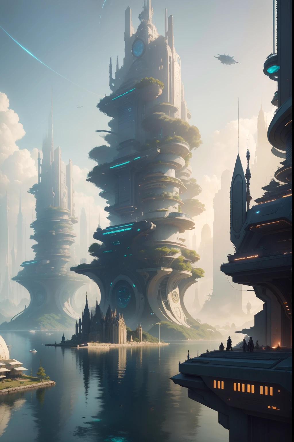 Cidade futuristica，With huge buildings and boats in the water, concept art inspired by Stephan Martinière, cgsociety contest winner, Fantasy art, solarpunk futuristic utopia, stuning fantasy 3 d render, fantasy architecture, futuristic palace, Sunpunk architecture, solarpunk city, in fantasy sci - fi city, solarpunk utopia, solarpunk village