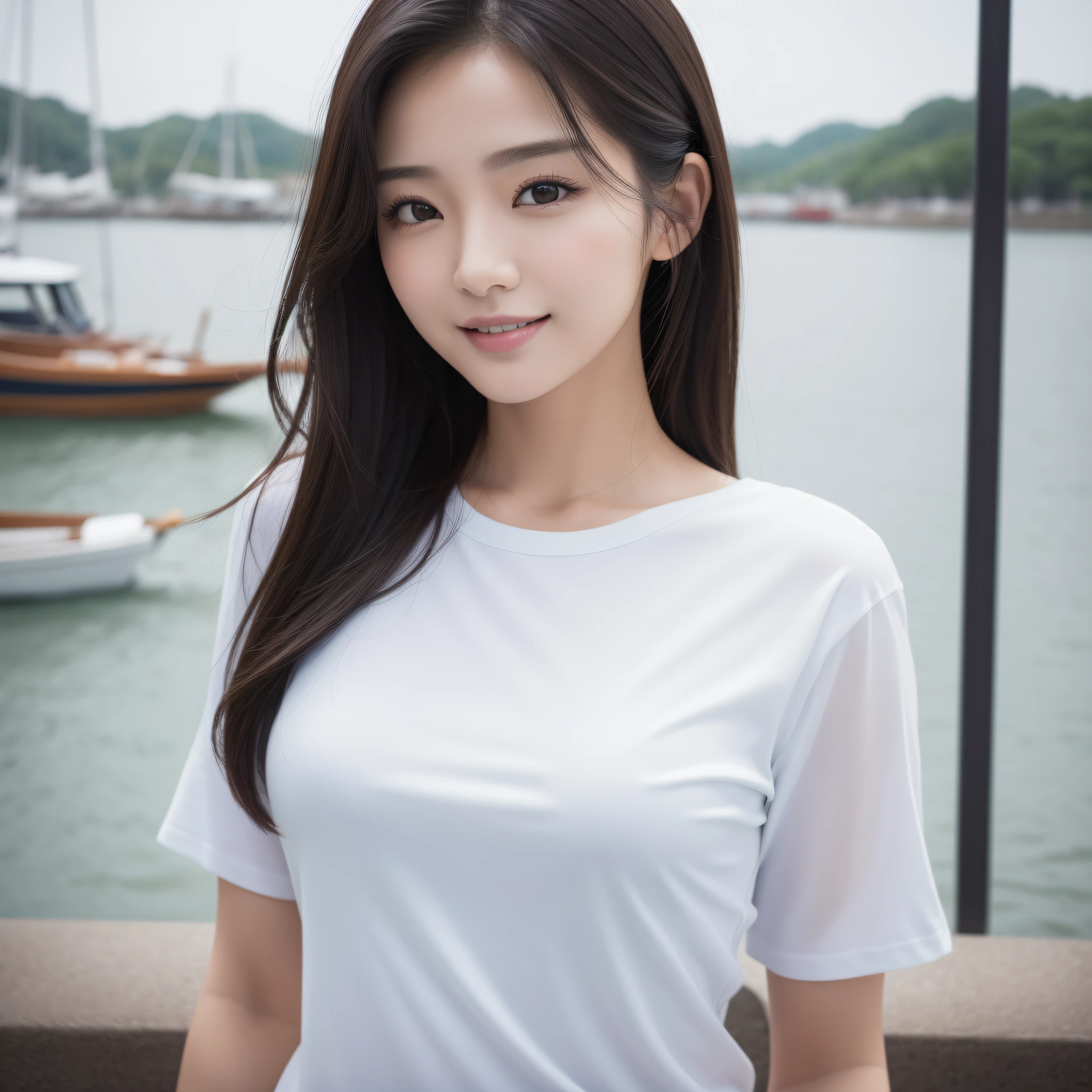 One lady、((best qualtiy、8k masterpieces:1.3))、foco nítido:1.2、(ultra beautiful faces:1.0)、(shinny skin:1.0)、photos realistic、A dark-haired、Video Lighting、High-definition eyes and face、Video Lighting、(Korean Cute Actress)、from the front side、medium breasts、smile、Slender Abs Beauty、Whole body、wearing t-shirts、At the quay in the early morning