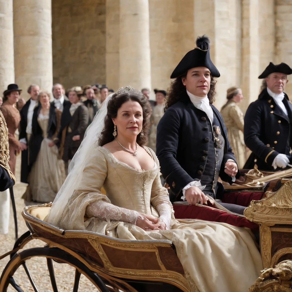 Generate an image that portrays the arrival of king louis xiv and distinguished guests at Vaux-le-Vicomte, showcasing their extravagant carriages and glamorous attire.