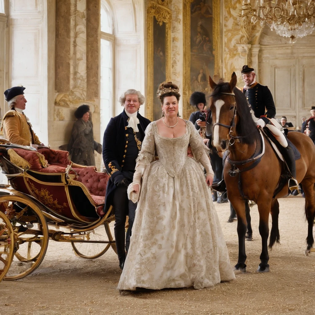 Generate an image that portrays the arrival of king louis xiv and distinguished guests at Vaux-le-Vicomte, showcasing their extravagant carriages and glamorous attire.