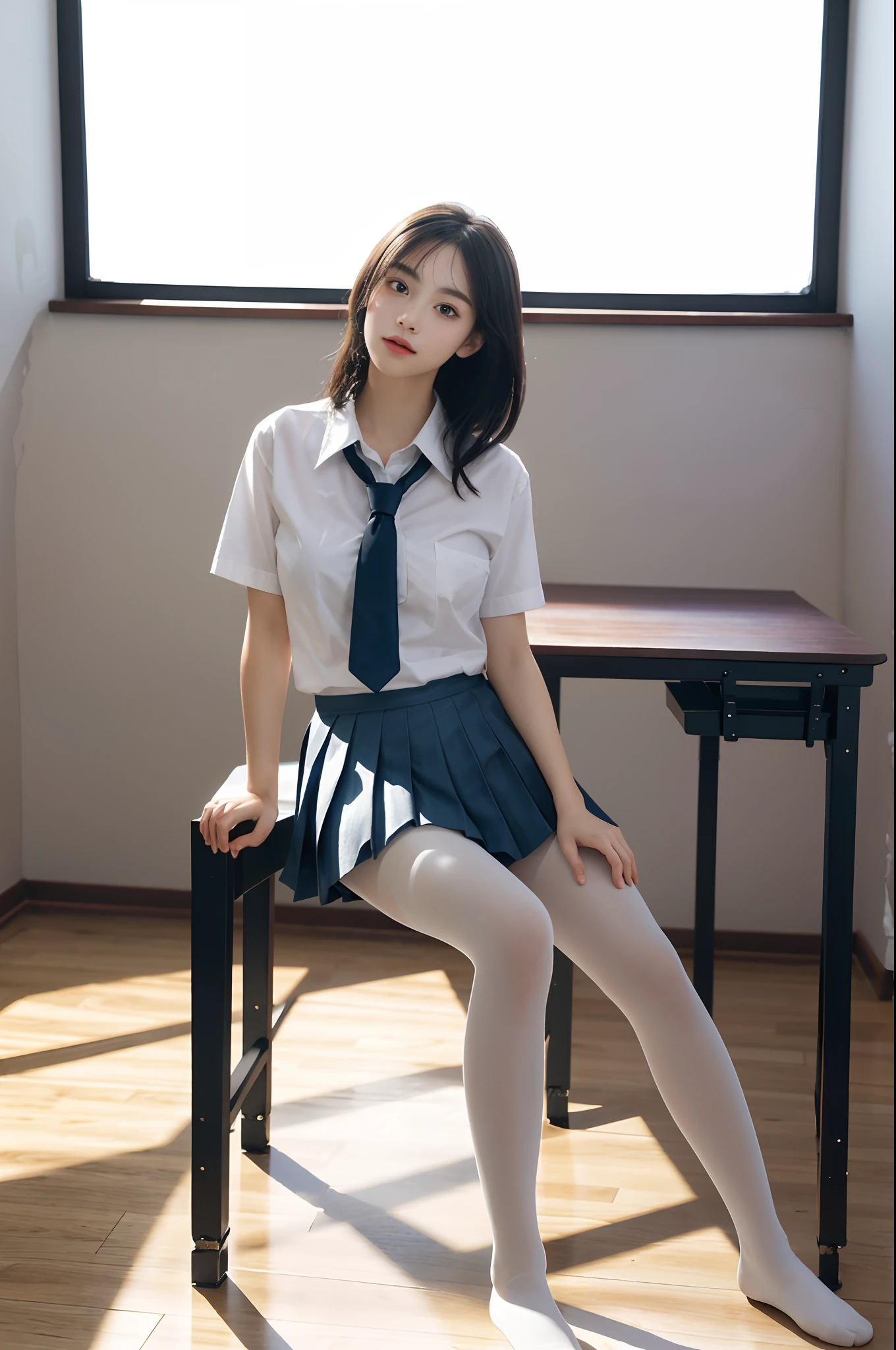 ultra realistic 8k cg, picture-perfect face, flawless, clean, masterpiece, professional artwork, famous artwork, perfect face, beautiful face, beautiful eyes, ((perfect female body)), solo,(immersive atmosphere, chiaroscuro:1.5,bright light:1.2,luminous lighting)
,,(blush:0.5),seductive expression,extremely detailed_eyes,thick thighs,large breasts,
beautifully detailed background,depth of field,realistic:1.3, long shot,1girl,shirt,pleated skirt, school uniform, sitting, full body,
(ambient light:1.3),(cinematic composition:1.3),(neon lights:0.1),(HDR:0.1),Accent Lighting, white pantyhose,