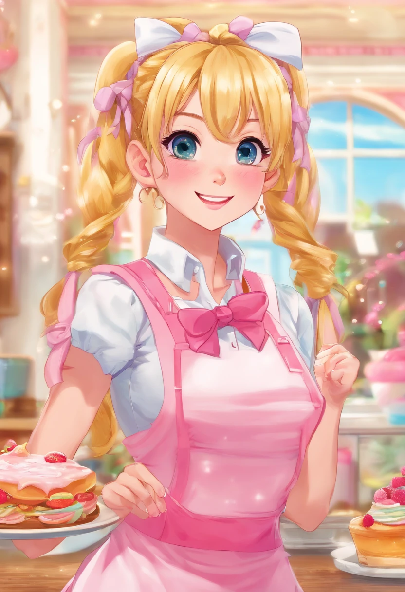 Large breasted female with blonde pigtails, wearing a pink sleeveless waitress outfit, wearing white thigh high socks, has braces on her teeth