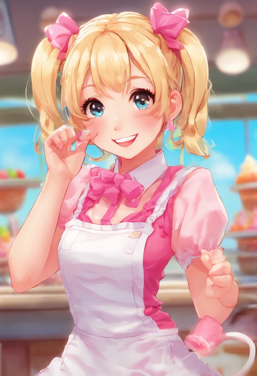 Large breasted female with blonde pigtails, wearing a pink sleeveless waitress outfit, wearing white thigh high socks, has braces on her teeth