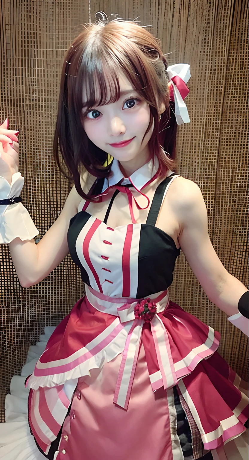 masuter piece、top-quality、Hi-Res、1人、Idol clothes、A pink-haired、A dark-haired、Wrist cuffs、Color Inner Hair、multi color hair、Sleeveless、short-hair、Purple eyes、bow ribbon、Pink skirt、doress、Colossal tits、Azuki \(hololive) \)、cowboy  shot、A smile、from the front side、A smile、japanes、cute little、a picture、short-haired