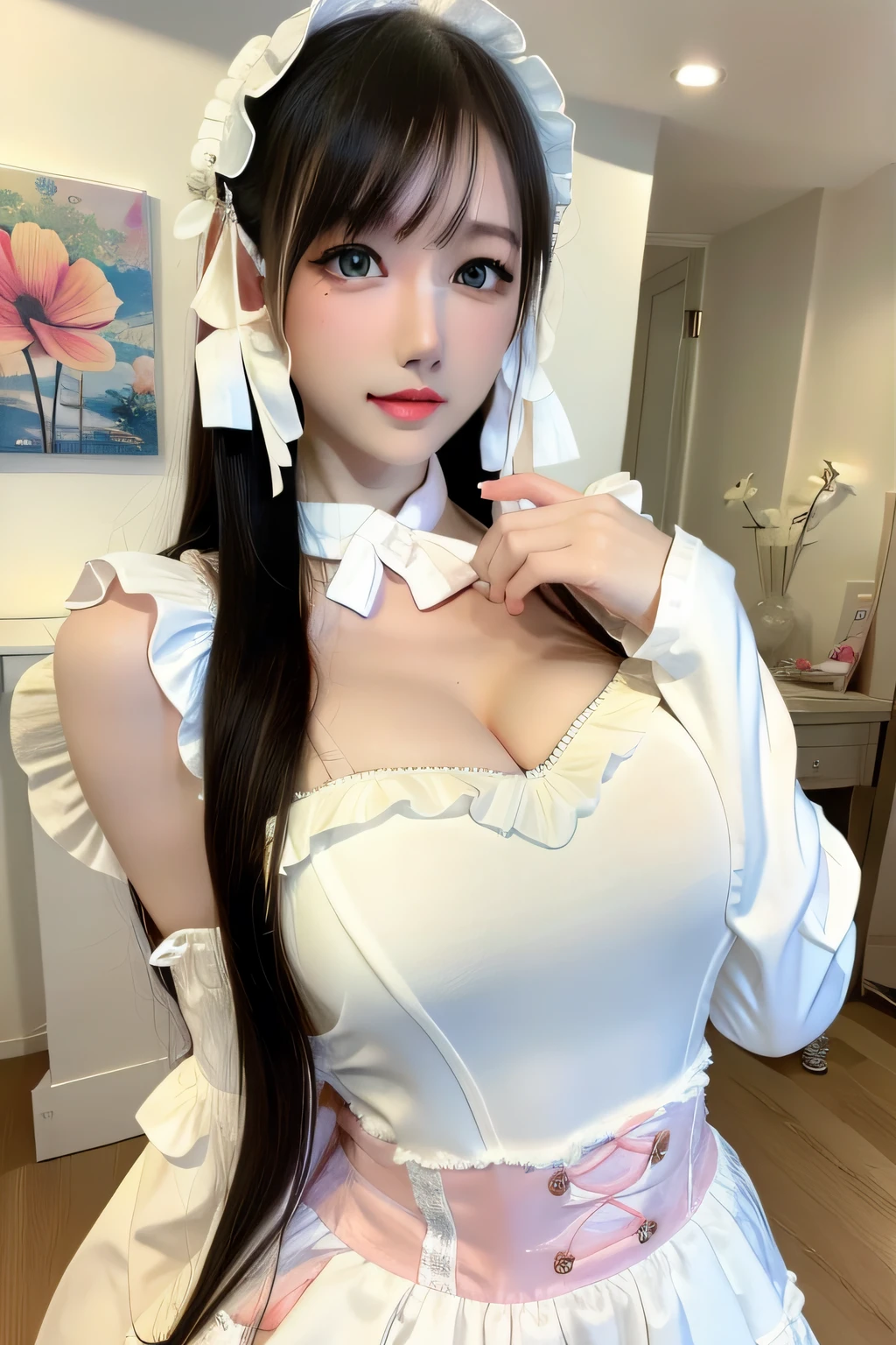 (masterpiece, the best_quality, S上er detailed, 8k, Ultra-high resolution, perfection:1.shining eyes, shy, Blushed, Moist oily skin, Small breasts,Big Thighs，Skimpy, Facing the audience, Korean Goddess, Thick lips，Gorgeous Korean model, Beautiful young Korean woman, Thick lips，Duck mouth，18-year-old girl,Asian Girl,Portrait photography，Realistic Face,White skin，CG-like face，Beautiful Skin,reflection,sunlight,Luxury，Terrace with a night view，,Shiny hair,Flowing Hair,Cowboy Shot,Cosplay((A beautiful girl dressed in a classic French maid outfit, with a frilly apron and headband, posing in a Victorian-style room))((Spread your legs,Spread your legs,Detailed genitals,Spread your legs,Spread your legs,nakedの彼女,naked)),((Panting,Show off your breasts,上naked, on the body,Lying on your back,Men and sex))