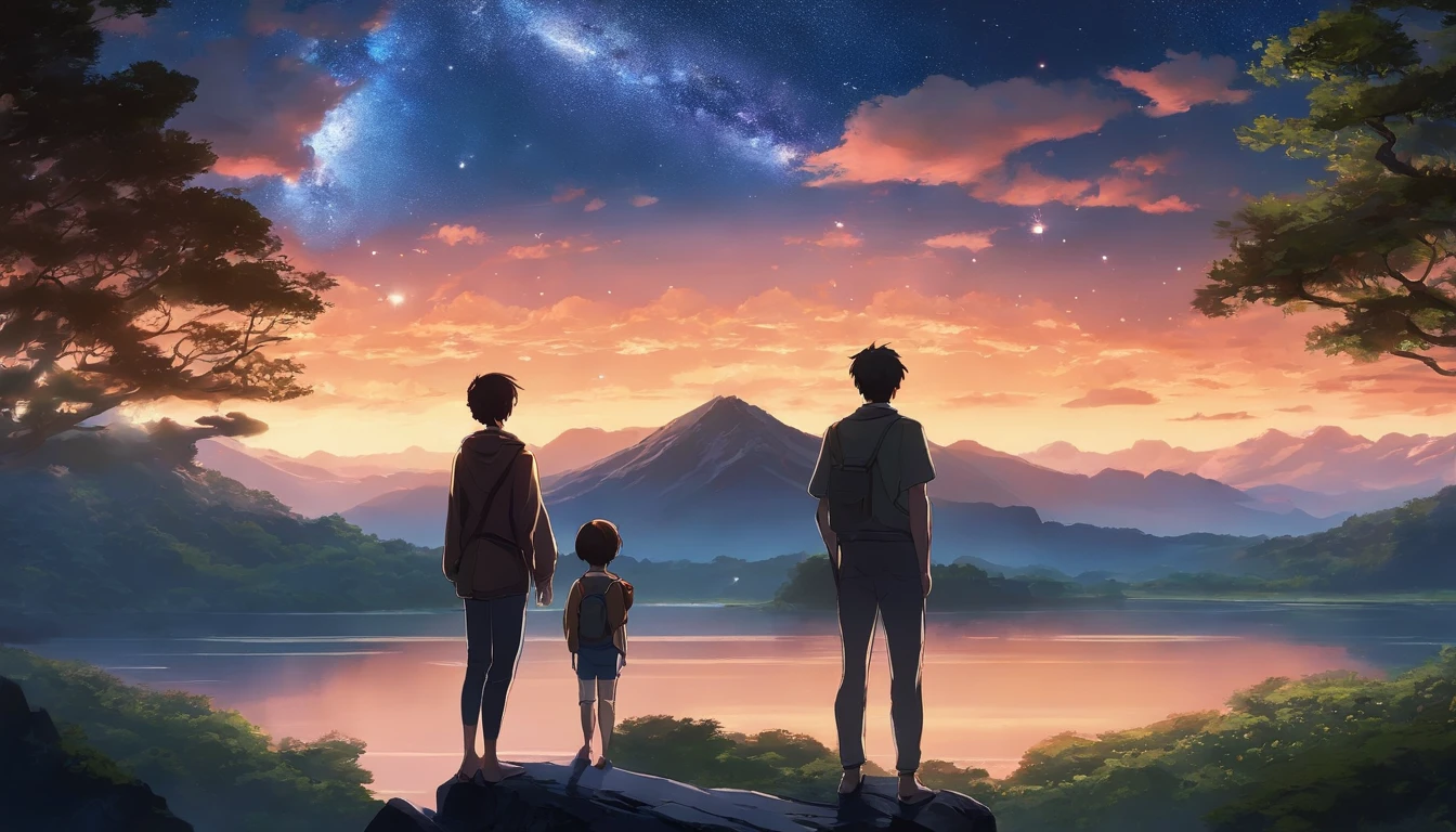 anime scenery of two people standing on a rock looking at the sky, milkyway, cosmic skies. by makoto shinkai, makoto shinkai cyril rolando, beautiful anime scene, anime sky, anime art wallpaper 4 k, anime art wallpaper 4k, anime art wallpaper 8 k, anime beautiful peace scene, in style of makoto shinkai, 4k anime wallpaper