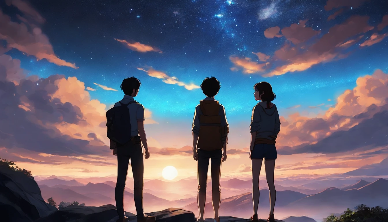 anime scenery of two people standing on a rock looking at the sky, milkyway, cosmic skies. by makoto shinkai, makoto shinkai cyril rolando, beautiful anime scene, anime sky, anime art wallpaper 4 k, anime art wallpaper 4k, anime art wallpaper 8 k, anime beautiful peace scene, in style of makoto shinkai, 4k anime wallpaper