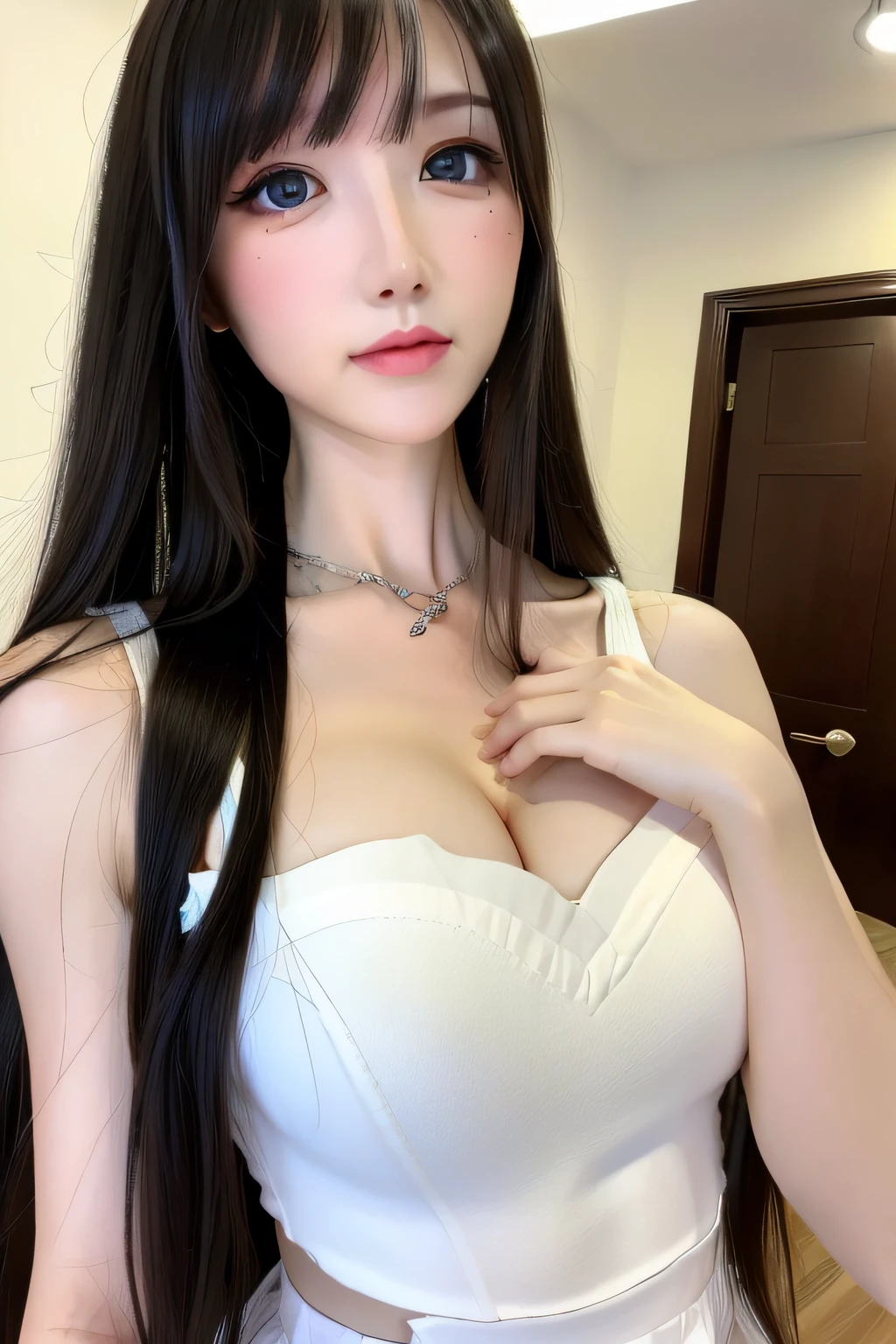 (8k, RAW photo, best quality, masterpiece:1.2), yjnn, 1girl, 3d, asian, bangs, bare_shoulders, bow, bra, breasts, brown_eyes, brown_hair, cleavage, grey_background, lips, long_hair, long_sleeves, looking_at_viewer, medium_breasts, navel, nose, off_shoulder, open_clothes, open_shirt, panties, realistic, shirt, solo, stomach, underwear, undressing, upper_body, white_bra, white_panties, white_shirt,Shiny skin, beautiful delicate face, beautiful delicate eyes ,(realistic, photo realistic:1),Lie down on the bed