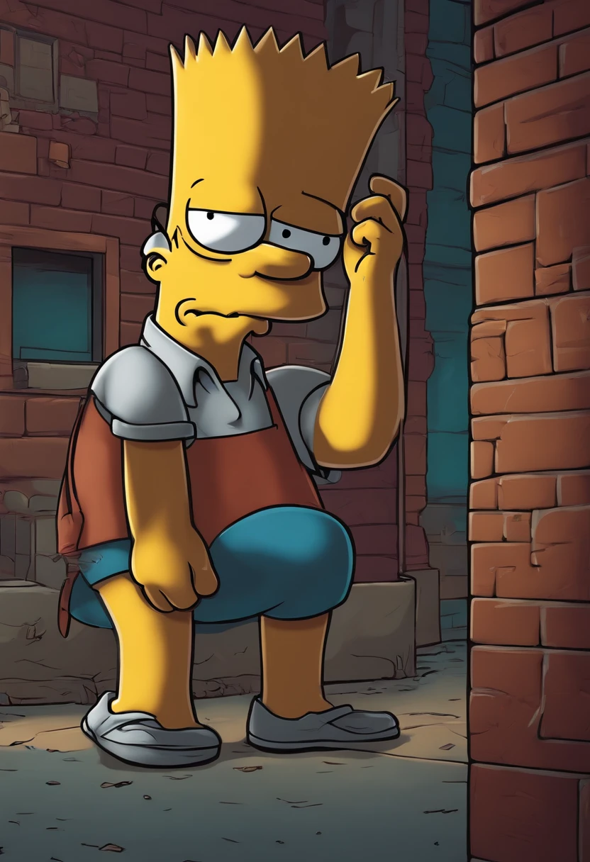 crie uma imagem de um garoto pixando um muro com a palavra drop dead, o personagem precisa possuir caracteristicas no estilo simpsons