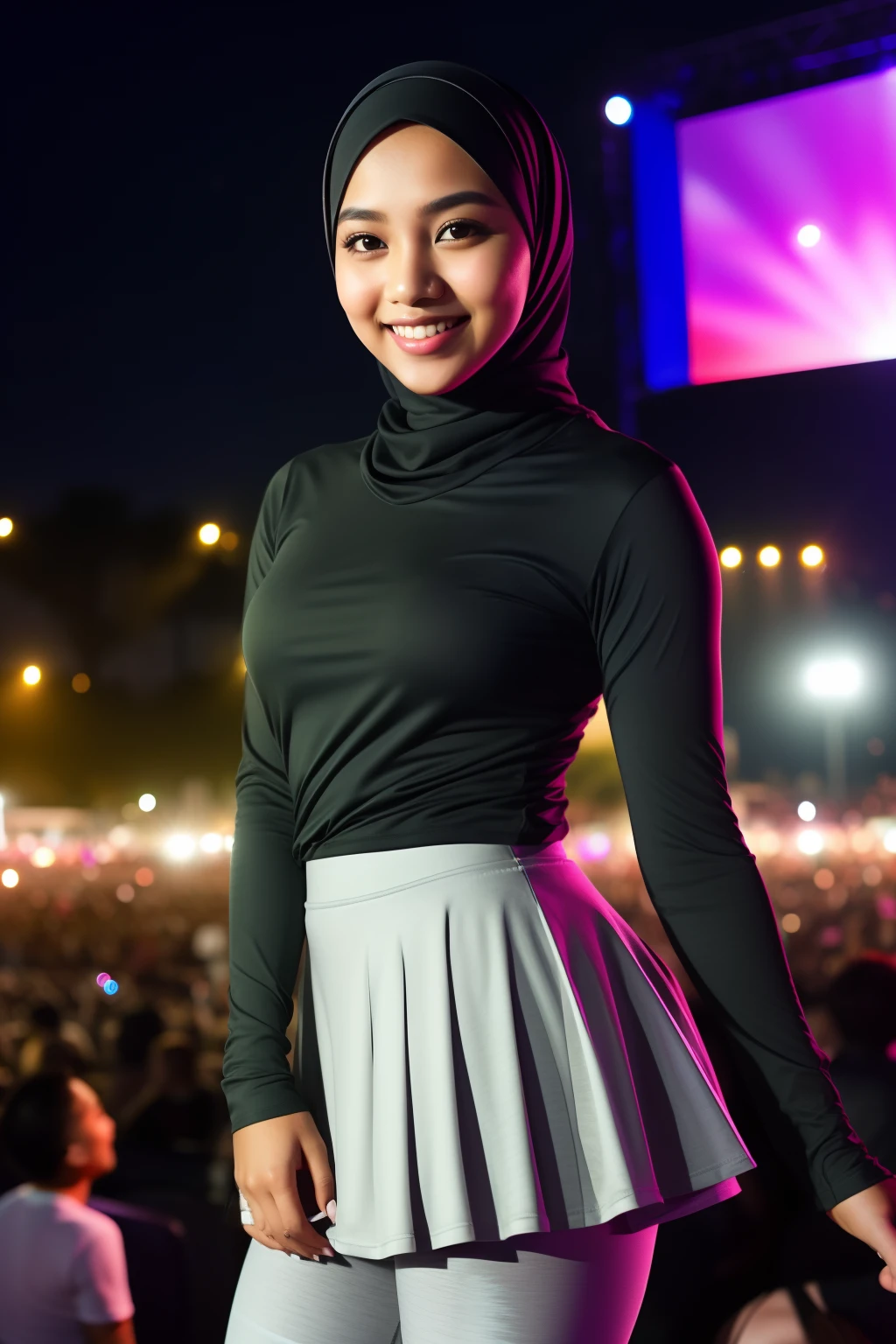 Portrait photography of a beautiful young malay girl ( mira filzah:1.0) in hijab wearing tight long sleeve tshirt and short skirt with leggings watching a concert, nighttime, concert background, bright lighting, smile and happy gesture