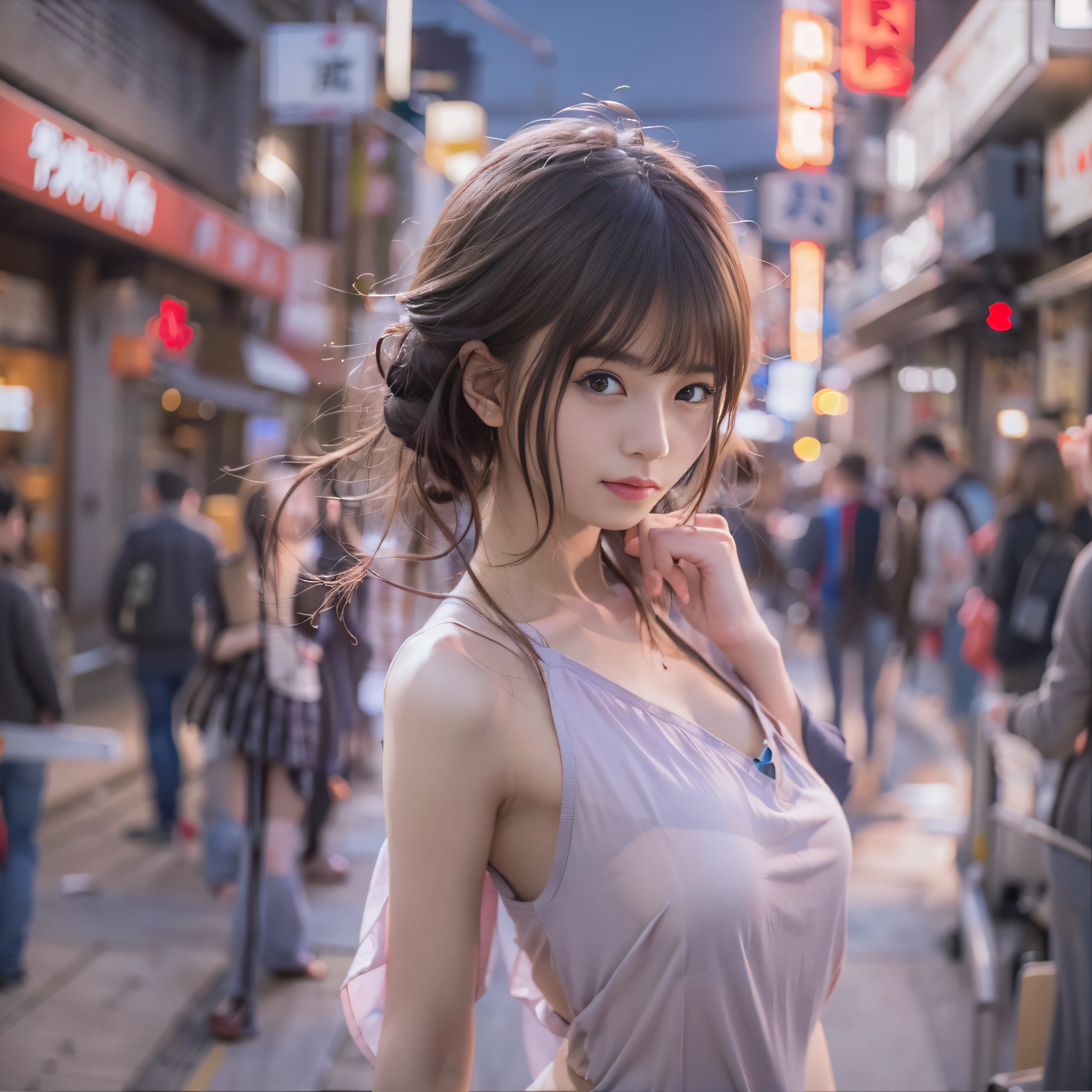 女の子1人、on tokyo street、A city scape、Evening cityscape、evening glow、The upper part of the body、a closeup、A smile、、(8K、Raw photography、top-quality、masterpiece:1.2)、(realisitic、photoRealstic:1.37)、Highly detailed eyelash drawing、(((Top image quality))),Colossal tits、Fine skin, (Beautiful hair), (Perfect Anatomy), (Realistic), (Dynamic Angle), Pose Seductive,Perfect,Sensual look、top-quality、hight resolution、