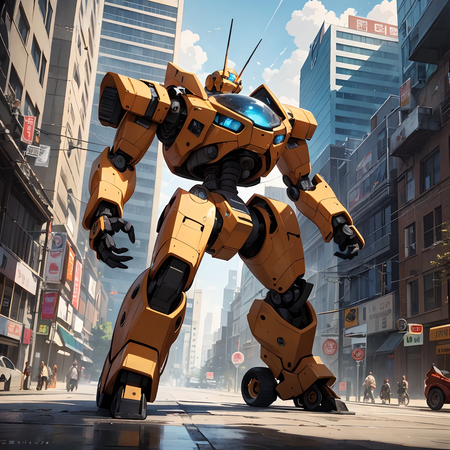 ((Best quality)), ((masterpiece)), orange robot, mecha, oval shape, round shape, no humans, white background, solo, science fiction, non-humanoid robot, standing on wheels, tank wheels, road wheels, blue window, urban background, soft light, one single cannon arm
