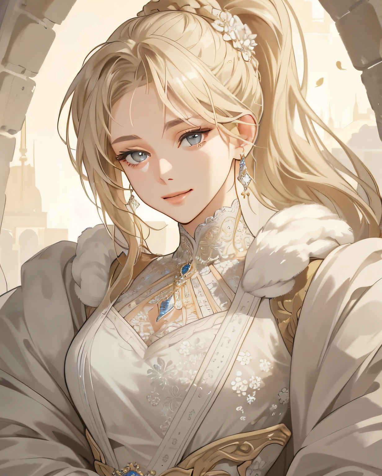 (extremely delicate and beautiful:1.2), 8k,(masterpiece:1.0),(best_quality:1.0), 1girl, mature woman, complex details, enlarged textures, complex details, finely detailed eyes and detailed face, intricate details, sand blonde ponytail hair, soft smile face, perfect eyes (grey eyes), equal eyes, sharp look, (goddess)