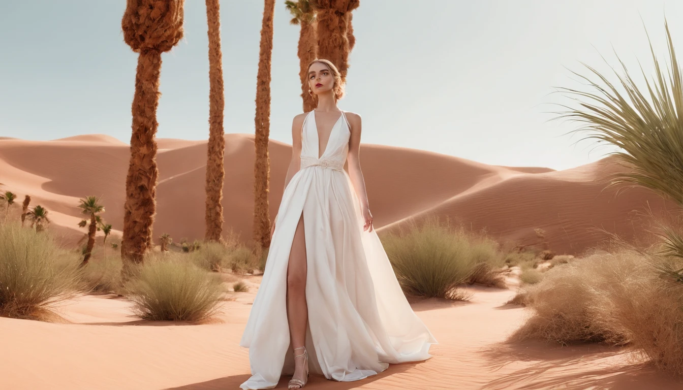 In the desert oasis overgrown with palm trees, there is a beautiful woman in a wedding dress