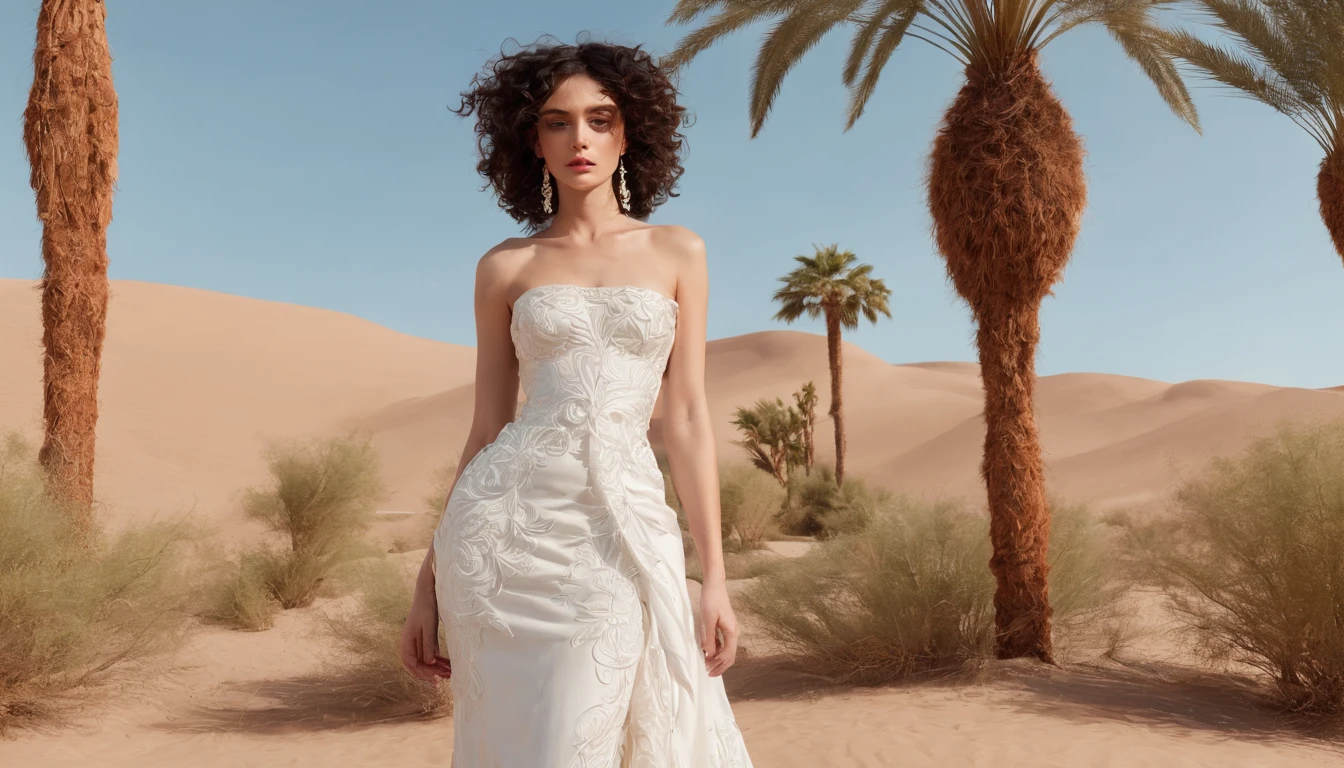In the desert oasis overgrown with palm trees, there is a beautiful woman in a wedding dress