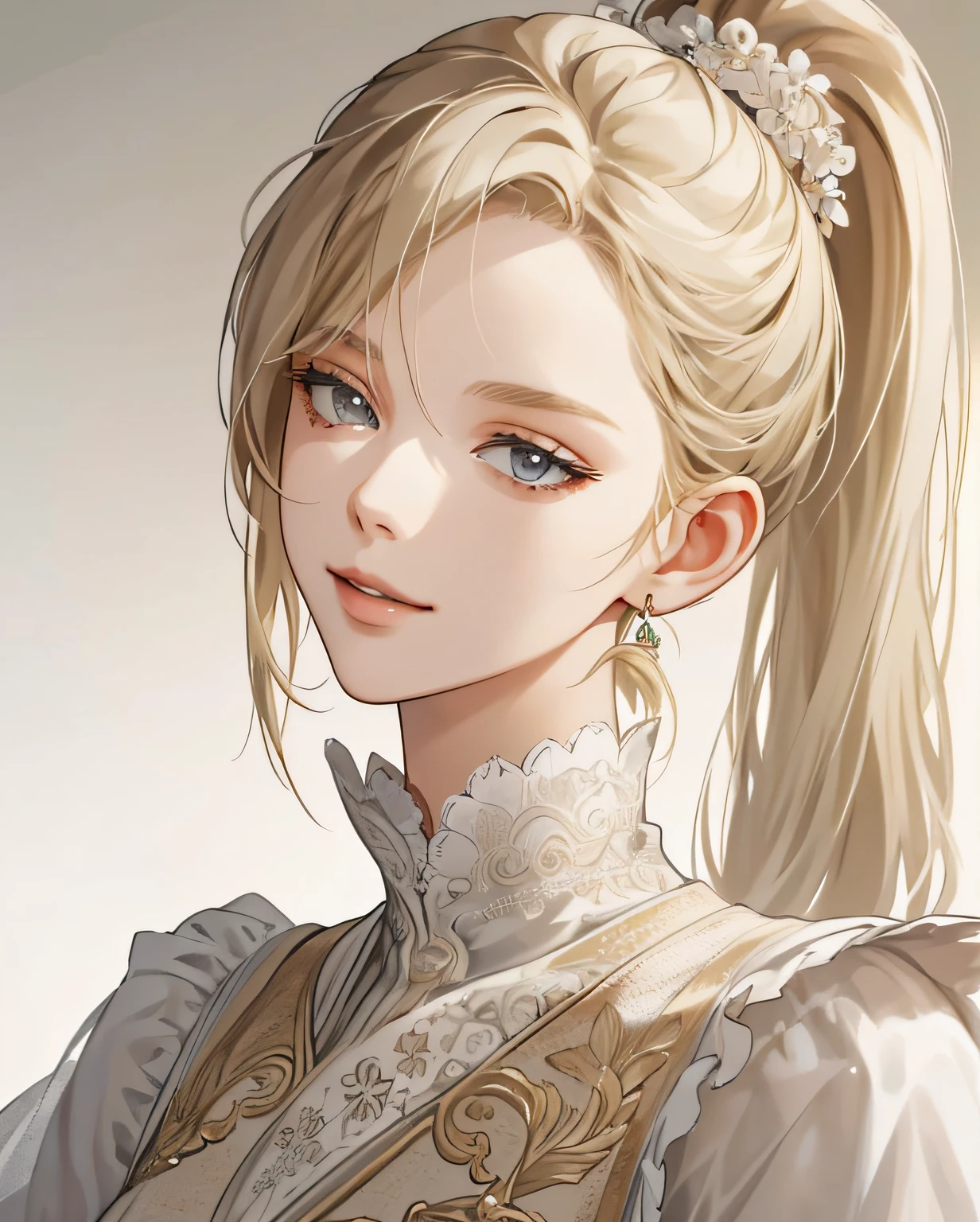 (extremely delicate and beautiful:1.2), 8k,(masterpiece:1.0),(best_quality:1.0), 1girl, mature woman, complex details, enlarged textures, complex details, finely detailed eyes and detailed face, intricate details, sand blonde ponytail hair, soft smile face, perfect eyes (grey eyes), equal eyes, sharp look, (goddess)