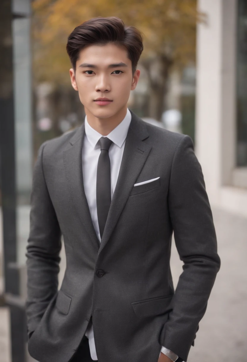 Portrait of 20 year old Japan man in autumn smart business style/Winters. Dressed in an Armani charcoal gray tailored suit, White dress shirts, Black Silk Tie, and black leather brogue. The appearance is elegant and sophisticated.　Autumn Smart Business Hairstyles/Winters. Proper, Comb-back appearance with strong hold, Give a mature and confident appearance.