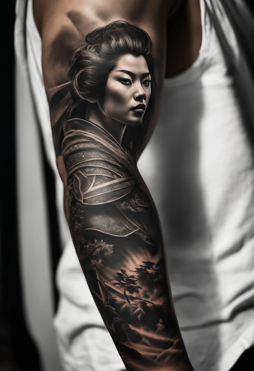 Create an image of a realistic arm with a tattoo of a samurai in black and white.