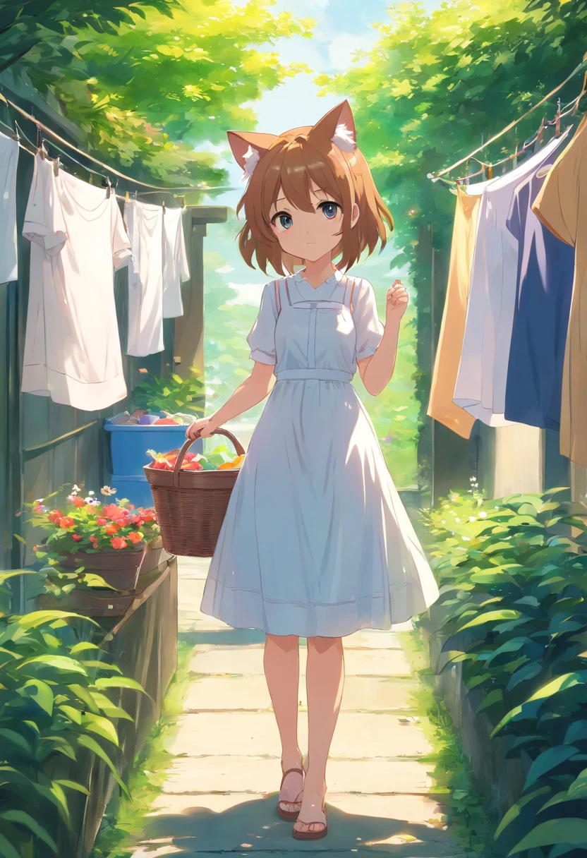 Anime cat ear girl standing in garden in white dress, Hang laundry to dry,Holding a laundry basket,loli in dress, small curvaceous loli, Guviz-style artwork, Guweiz in Pixiv ArtStation, Guweiz on ArtStation Pixiv, Guviz, small li girl, Soft anime illustration, Anime visuals of cute girls, Detailed digital anime art