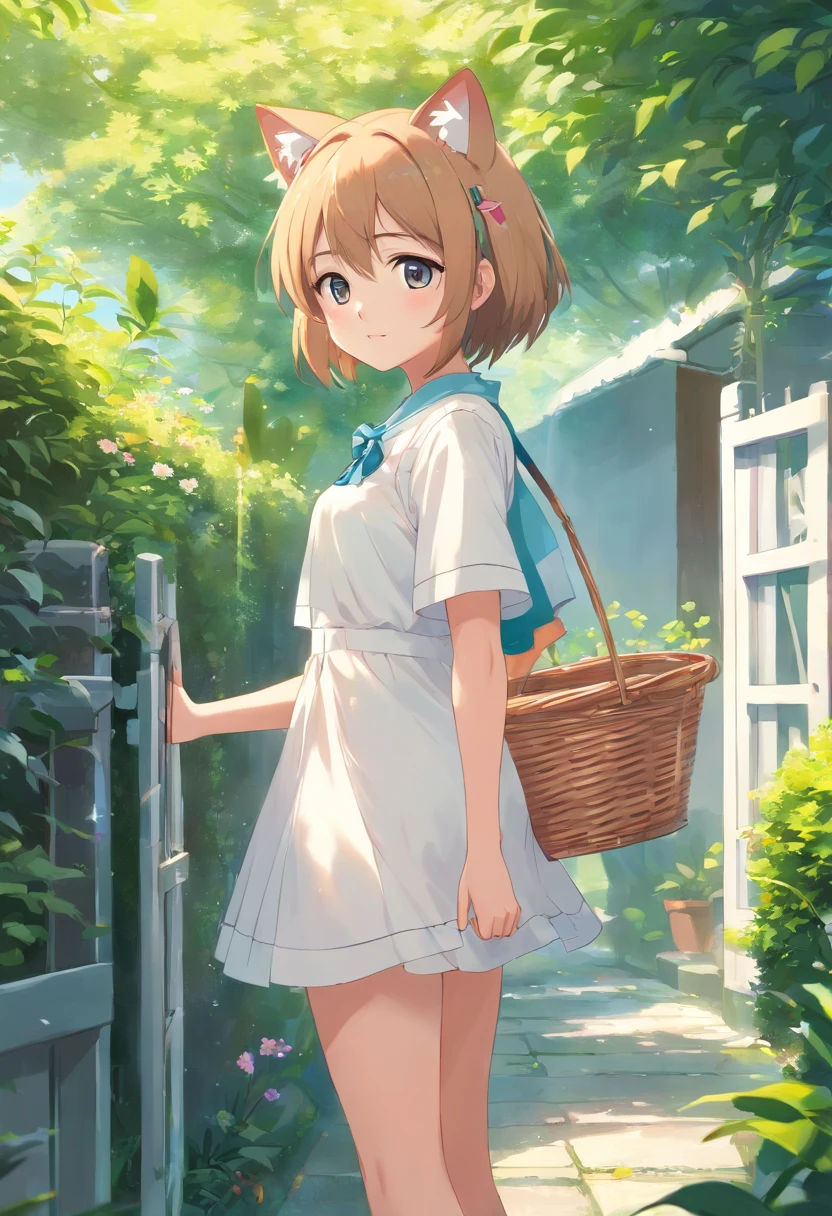 Anime cat ear girl standing in garden in white dress, Hang laundry to dry，Holding a laundry basket，loli in dress, small curvaceous loli, Guviz-style artwork, Guweiz in Pixiv ArtStation, Guweiz on ArtStation Pixiv, Guviz, small li girl, Soft anime illustration, Anime visuals of cute girls, Detailed digital anime art