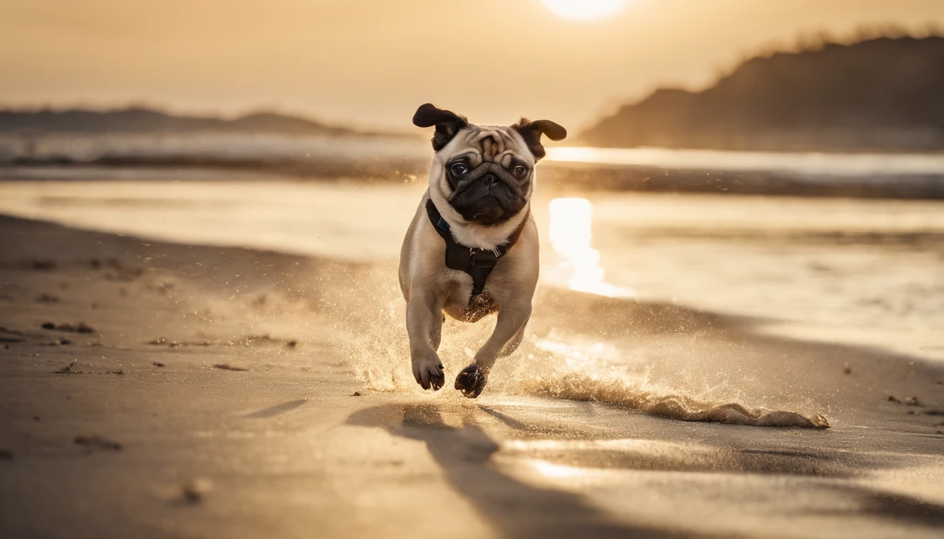 Pug dog running on the beach