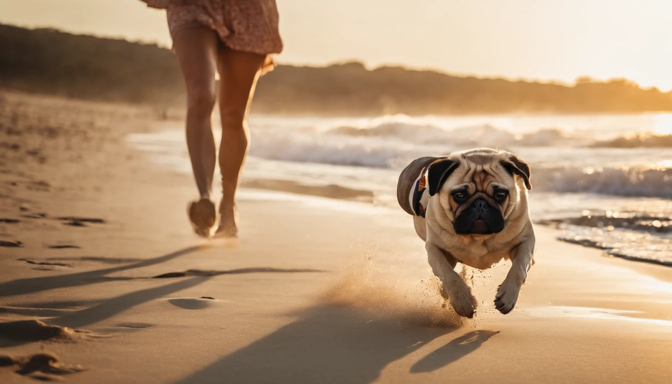 Pug dog and girl running on the beach