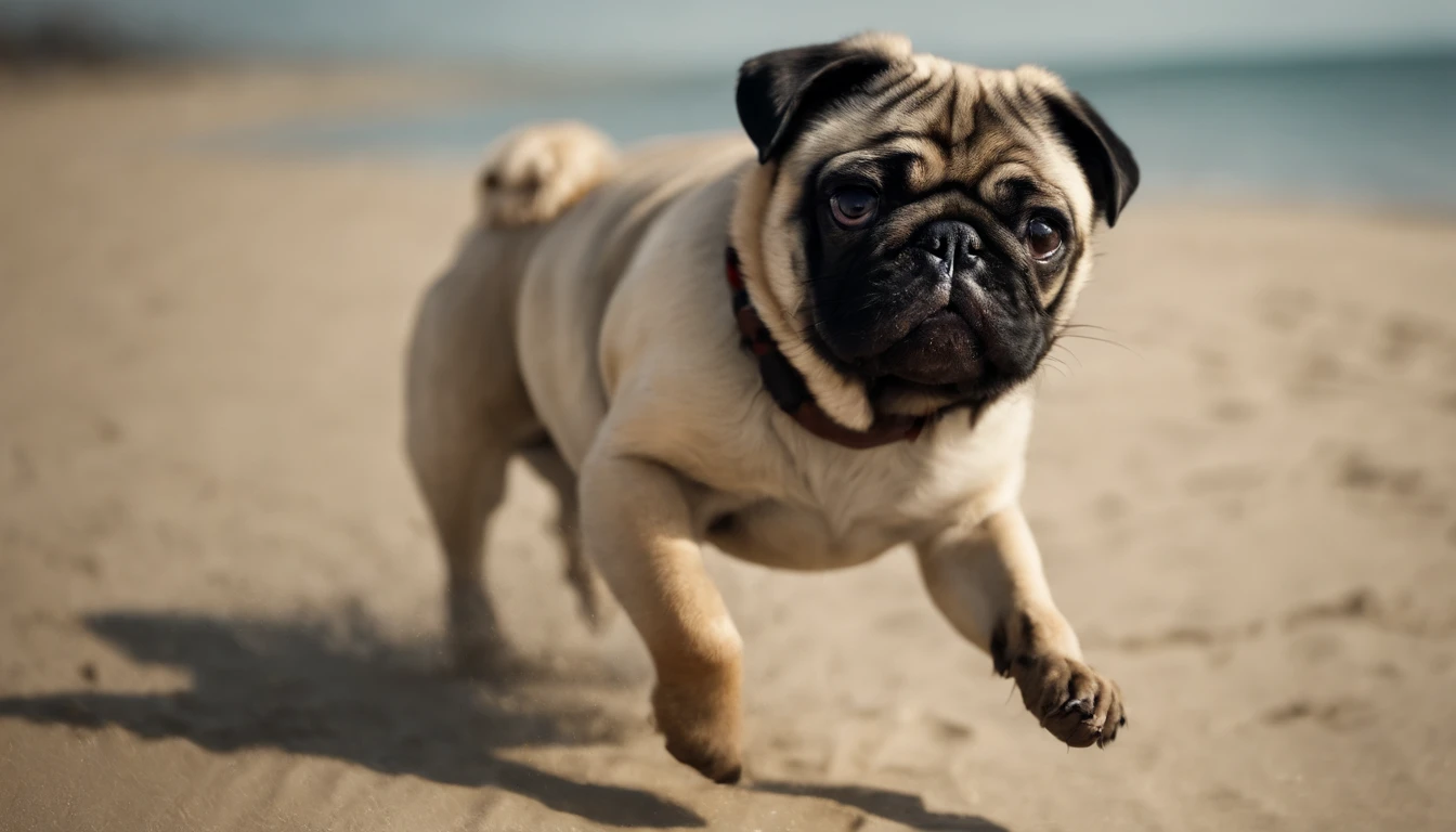 Pug dog and girl running on the beach