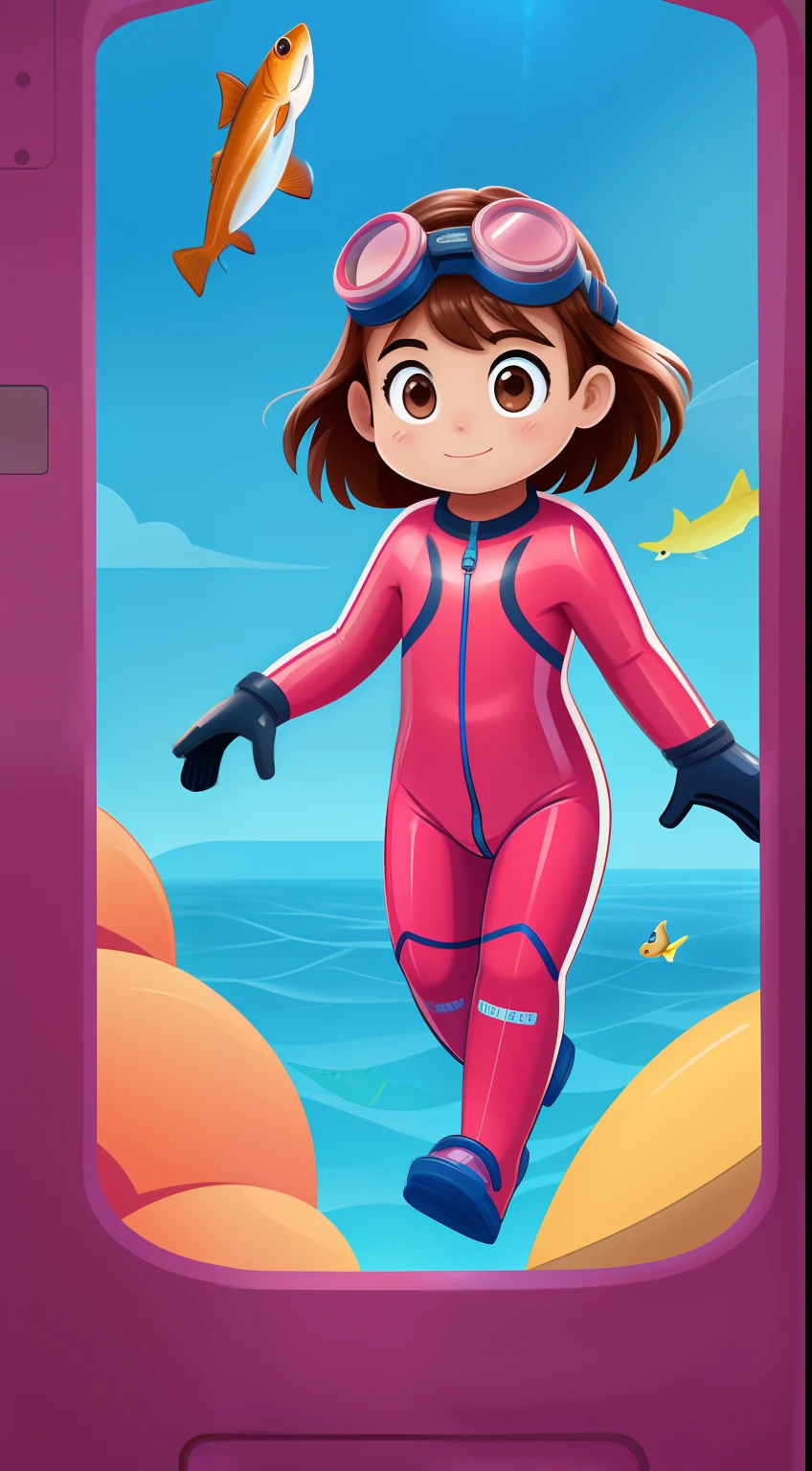 "Frontal image of a 5--old l searching for fishes in the deep sea, with brown hair, brown eyes, rosy cheeks, diving goggles, pink diving suit, diving gloves, diving shoes, in a 2D illustration style of a children's book."