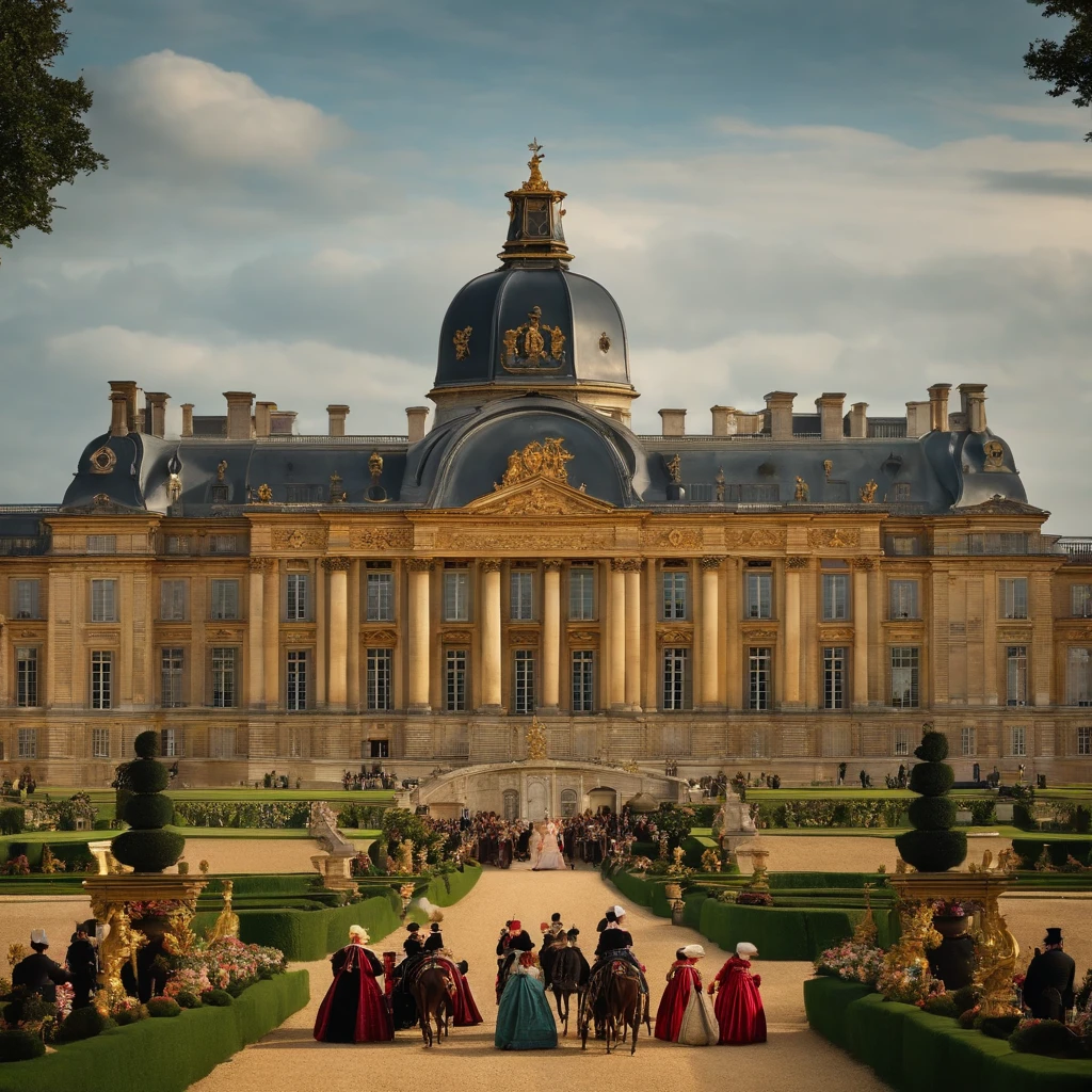 Generate an image that portrays the arrival of king louis xiv and distinguished guests at Vaux-le-Vicomte, showcasing their extravagant carriages and glamorous attire.