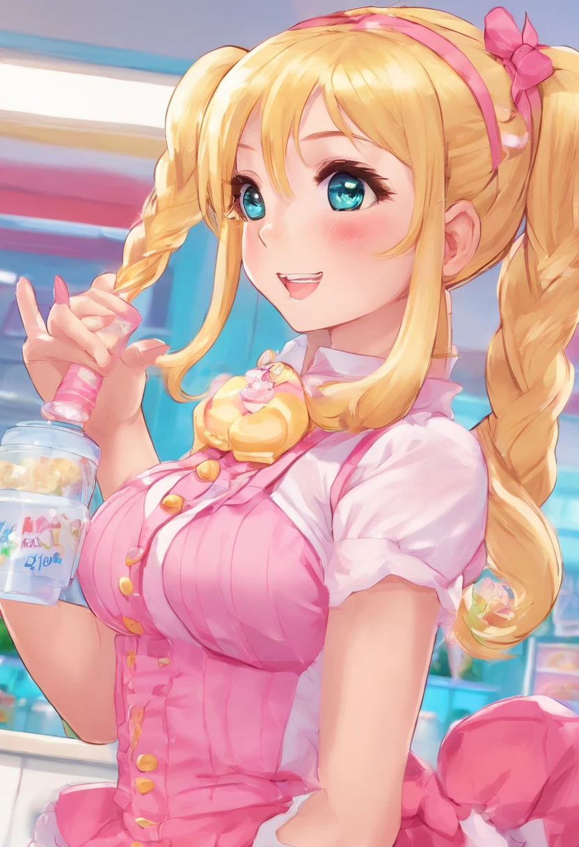 Large breasted female with blonde pigtails, wearing a pink sleeveless waitress outfit, wearing white thigh high socks, has braces on her teeth, sexy, nsfw