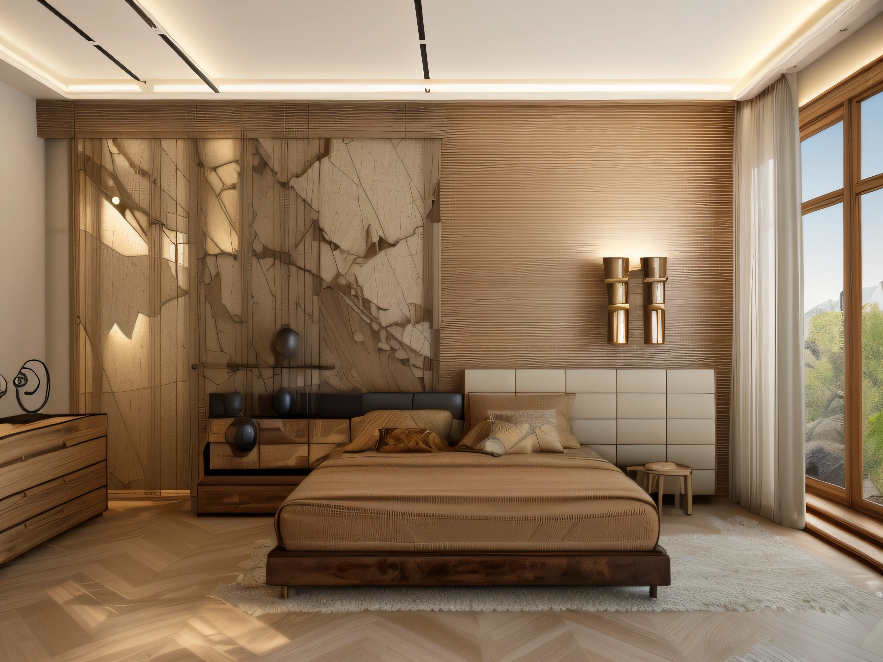 RAW photo, interior classic style, (high detailed skin:1.2), 8k uhd, dslr, (natural light:1.2), high quality, Please generate a detailed and inviting image of the living room in a Japandi-style apartment. The room should embrace the Japandi aesthetic with warm and bright natural wood tones, showcasing the prominent wood grain patterns. The floor should feature luxurious tiles or stone cladding with elegant cloud-like patterns. Incorporate both modern LED lighting and a contemporary chandelier to ensure a well-lit space. The sofa, ideally in a refined textile, should complement the interior furnishings. Choose modern, sleek curtains to enhance the contemporary feel of the room. Emphasize the presence of authentic, crisp natural light, which should illuminate the interior, accentuating the colors and textures. Please ensure that the room exudes an atmosphere of Japandi harmony, sophistication, and a balance between Japanese and Scandinavian design elements, with a particular focus on natural elements, contrast in interior colors, and the presence of authentic natural light