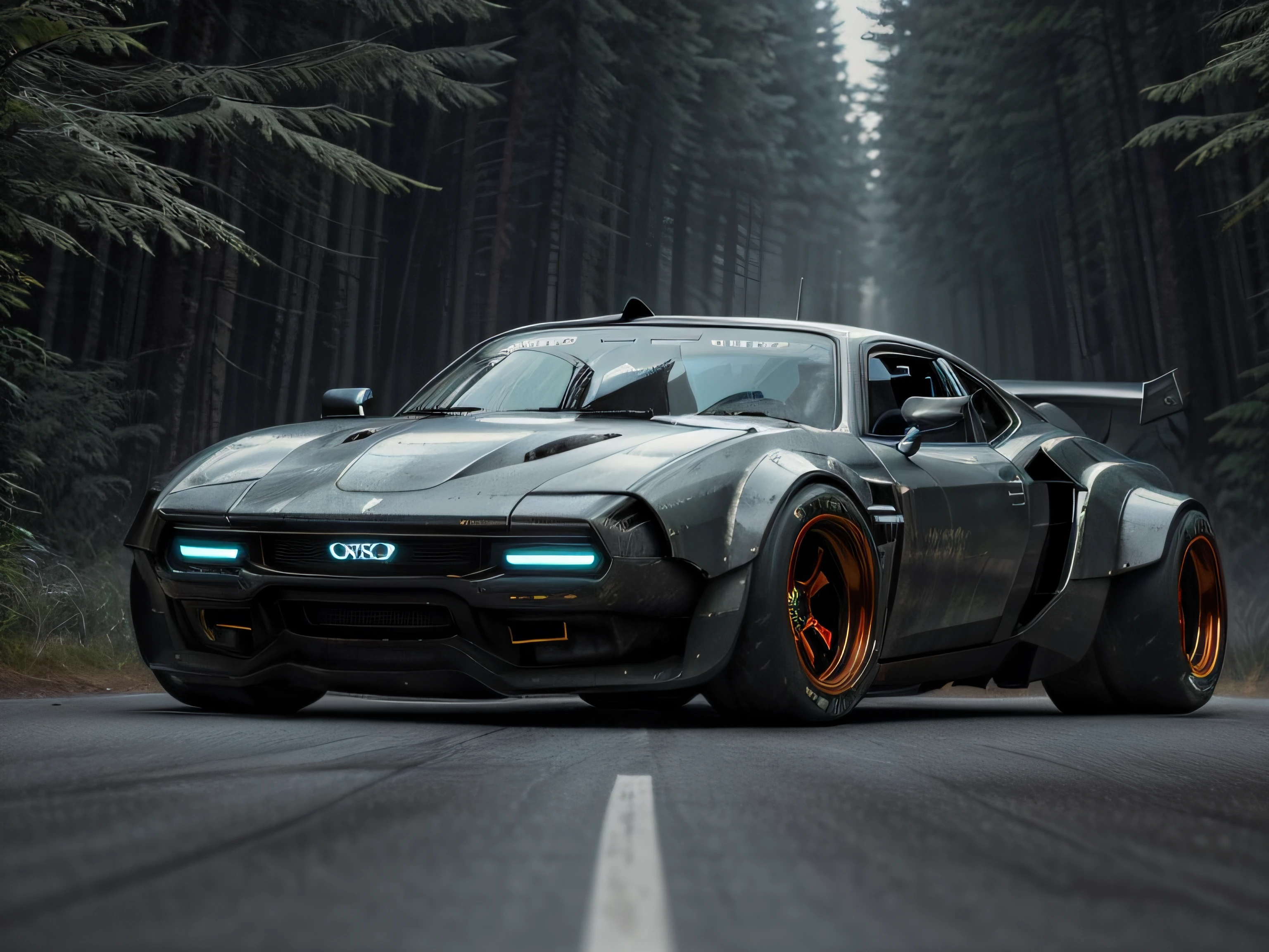 a 3/4 front view of ((futuristic cyberpunk hotrod zeekars)) (with glowing tires), on a road between a forest,