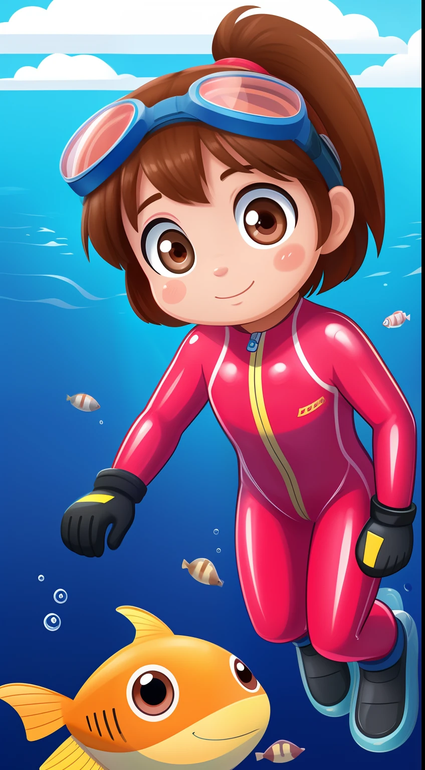 "Frontal image of a 5-year-old girl searching for fishes in the deep sea, with brown hair, brown eyes, rosy cheeks, diving goggles, pink diving suit, diving gloves, diving shoes, in a 2D illustration style of a children's book."