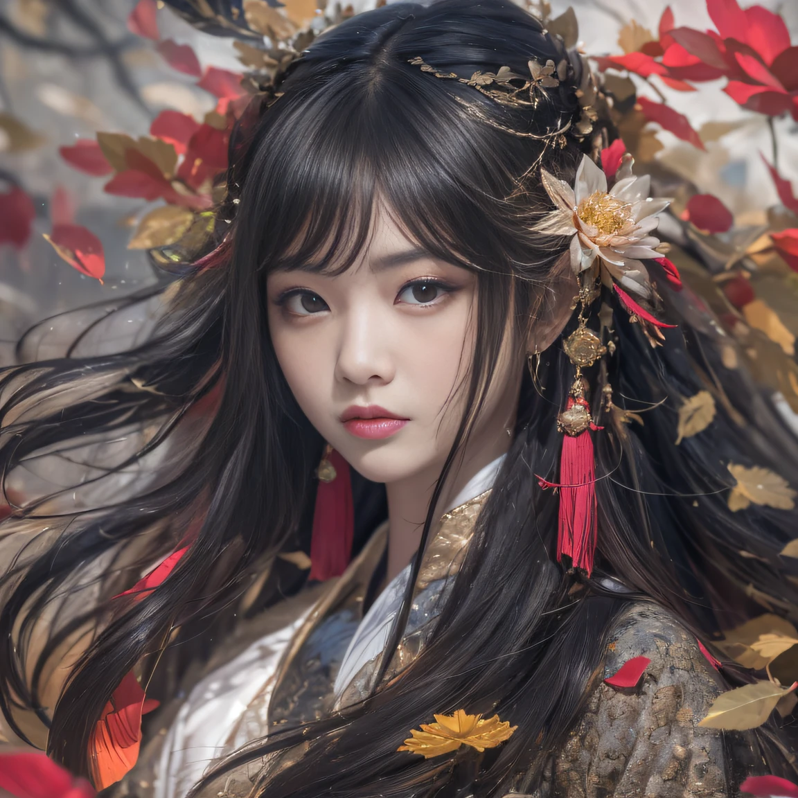 32K(tmasterpiece,k hd,hyper HD,32K)Long flowing black hair,ponds,zydink, a color, Tongzhou people (Spirit Girl), (Red silk scarf), Combat posture, looking at the ground, long whitr hair, Floating hair, Carp pattern headdress, Chinese long-sleeved clothing, (Abstract ink splash:1.2), Pink petal background,Pink and white lotus flowers fly(realisticlying:1.4),Black color hair,Fallen leaves flutter,The background is pure, A high resolution, the detail, RAW photogr, Sharp Re, Nikon D850 Film Stock Photo by Jefferies Lee 4 Kodak Portra 400 Camera F1.6 shots, Rich colors, ultra-realistic vivid textures, Dramatic lighting, Unreal Engine Art Station Trend, cinestir 800,Long flowing black hair,Denim skirt
