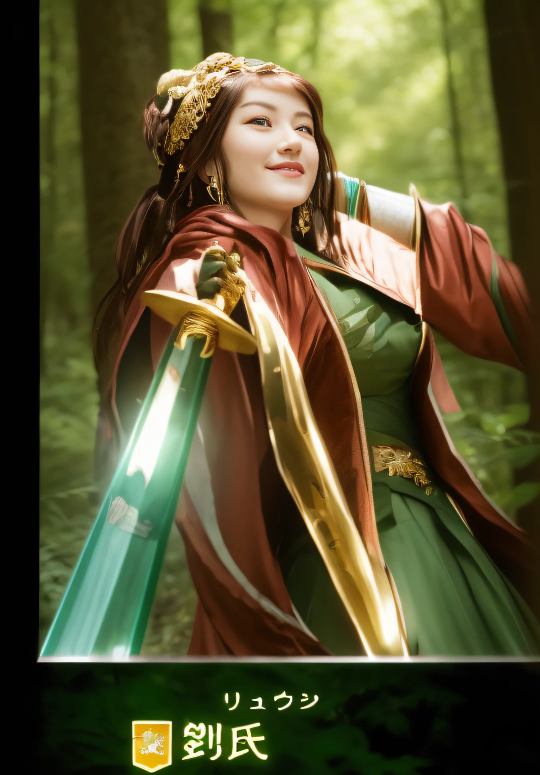 Close up portrait of smiling woman holding sword、in woods