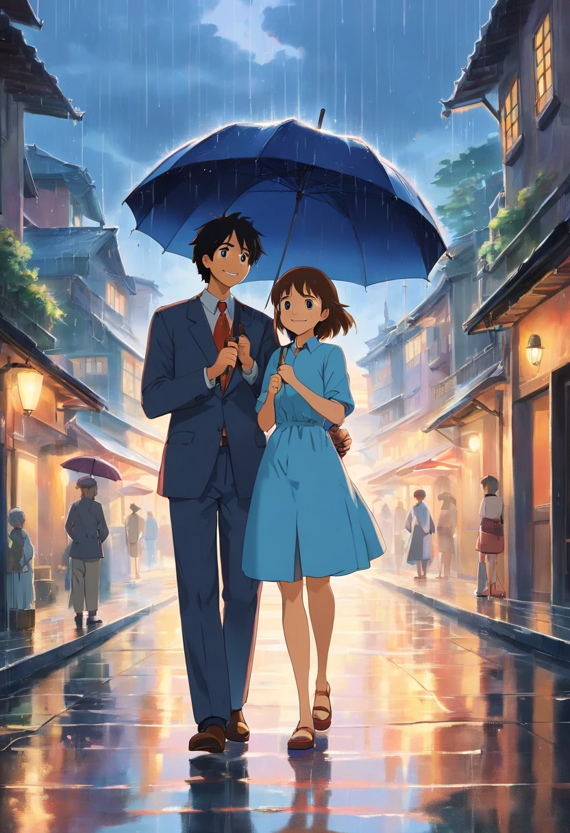 ((masterpiece)),(((bestquality))),((ultra-detailed)),couple under one umbrella, raining, standing, smile, dutch angle, closed mouth, looking away, outdoors