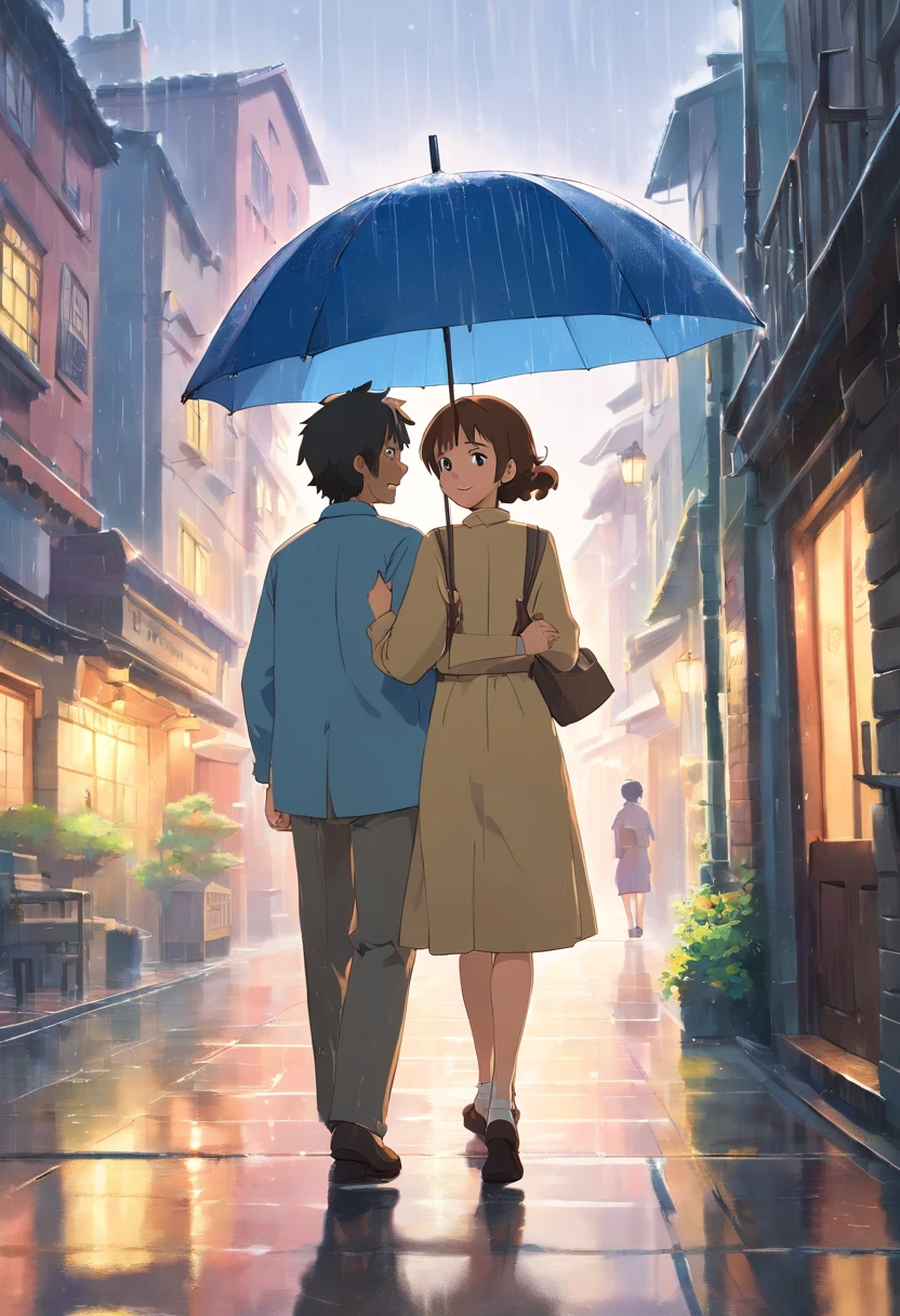 ((masterpiece)),(((bestquality))),((ultra-detailed)),couple under one umbrella, raining, standing, smile, dutch angle, closed mouth, looking away, outdoors
